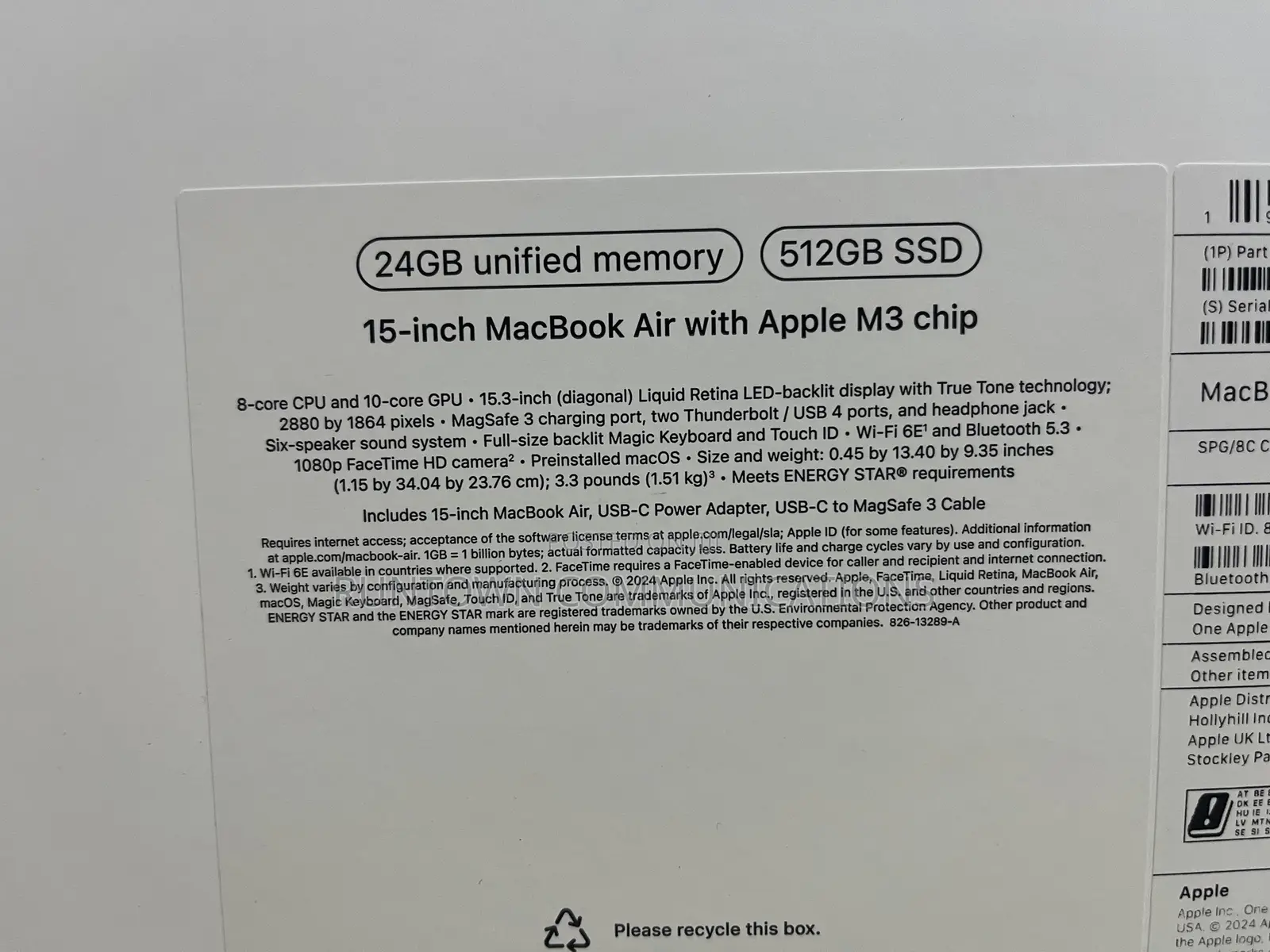New Laptop Apple MacBook Air 2024 M3 15-inch 24GB Apple M3 SSD 512GB