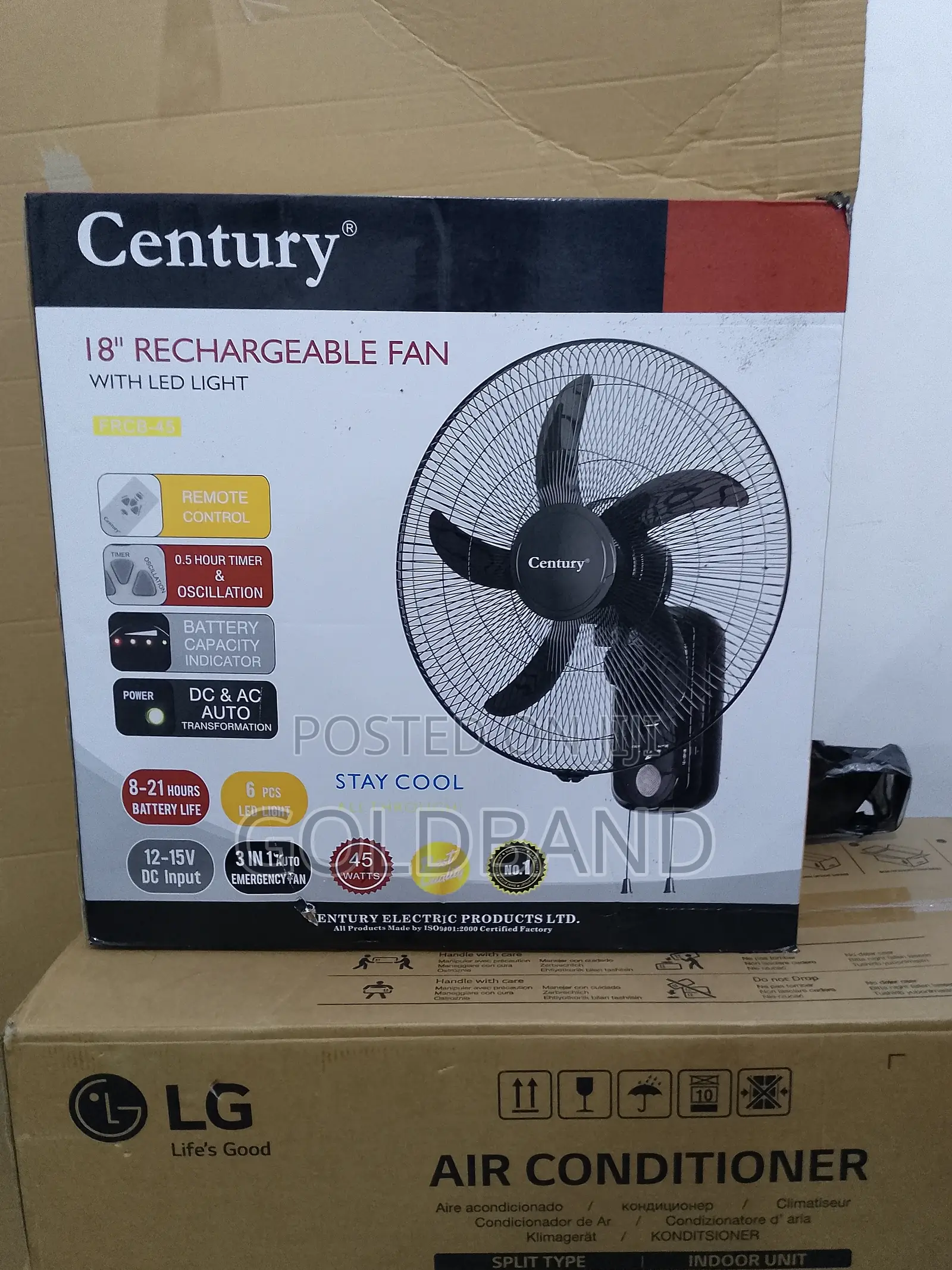 Century 18” Wall Fan – Rechargeable + Led Light + Remote