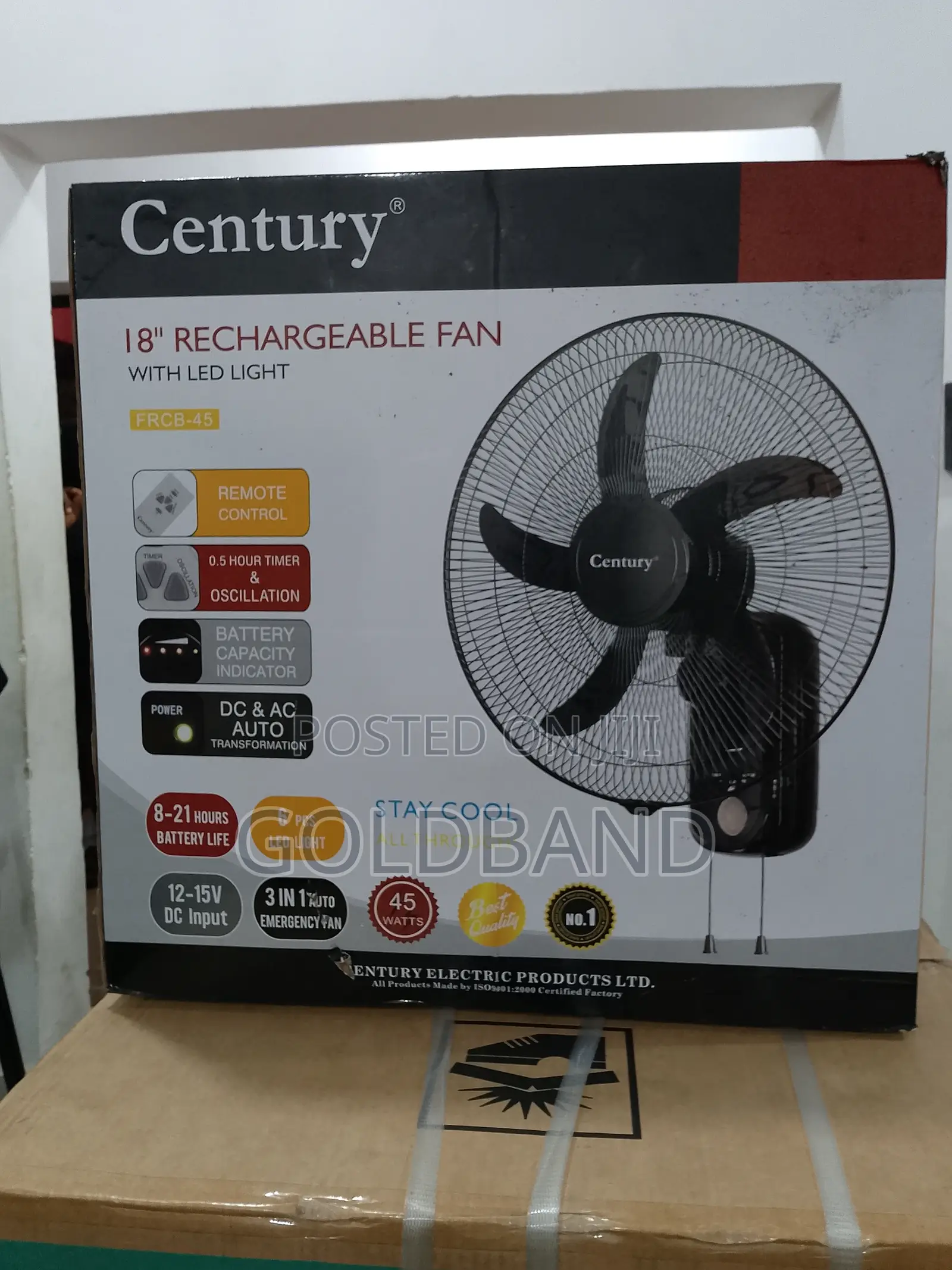 18" Century Rechargeable Wall Fan With Led – Battery Powered