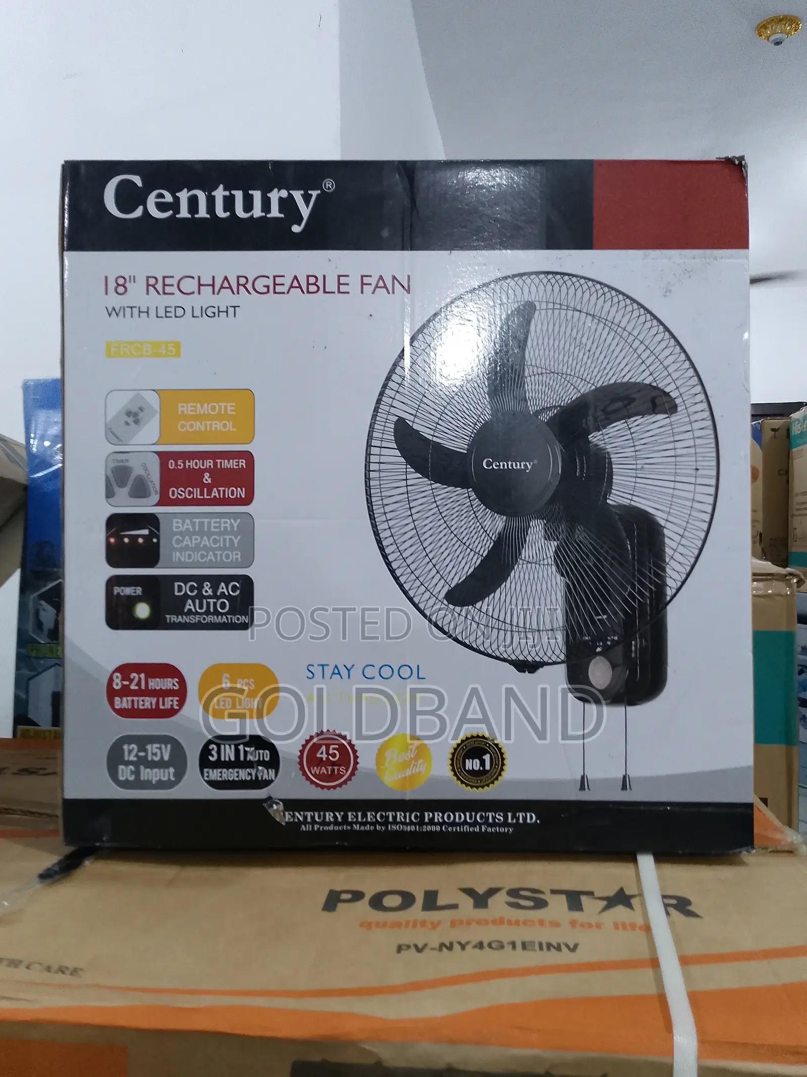 Century 18" Rechargeable Wall Fan With Led Remote Control