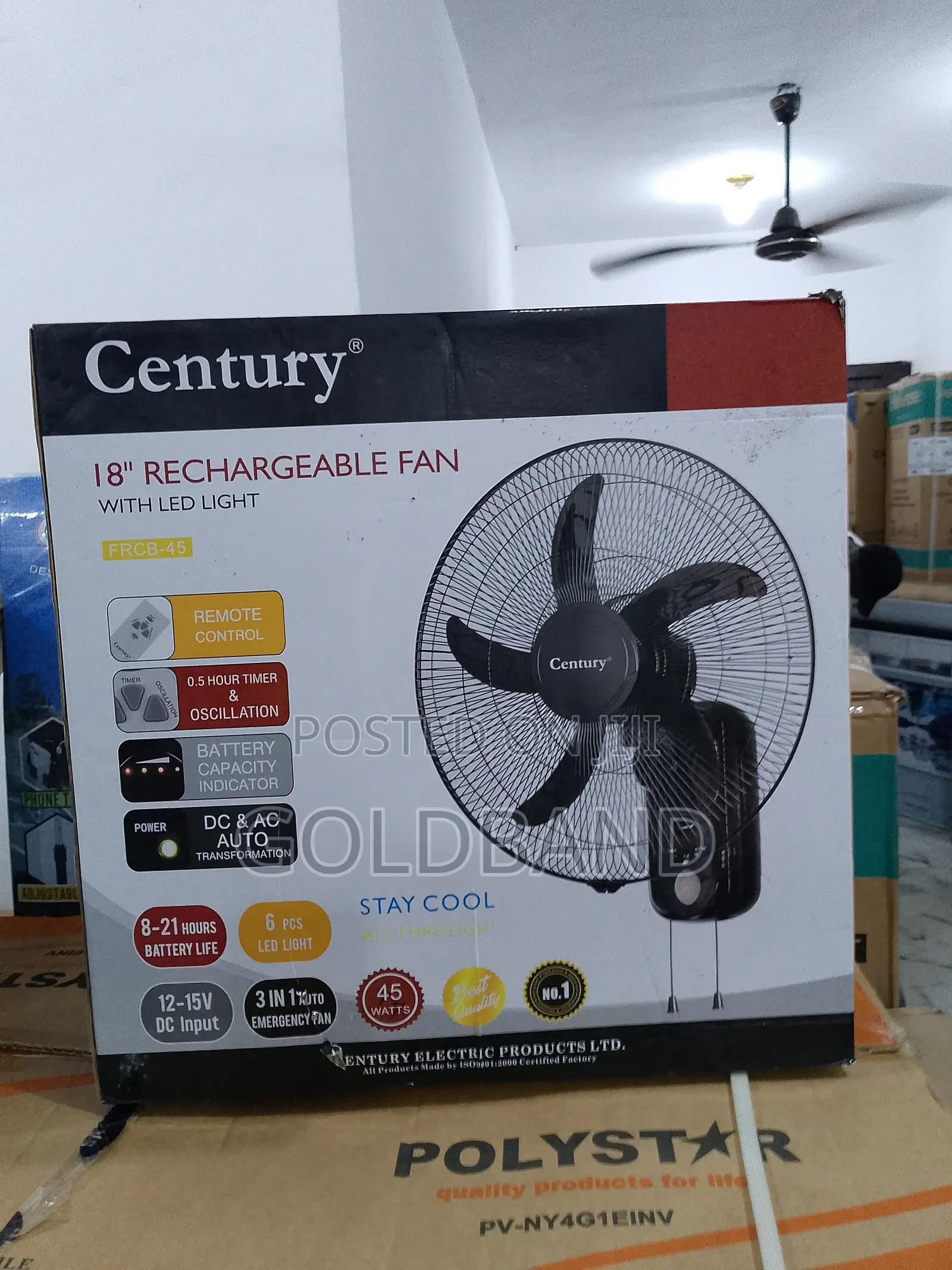 18" Century Wall Fan – Rechargeable, Led Light, Wall-Mounted
