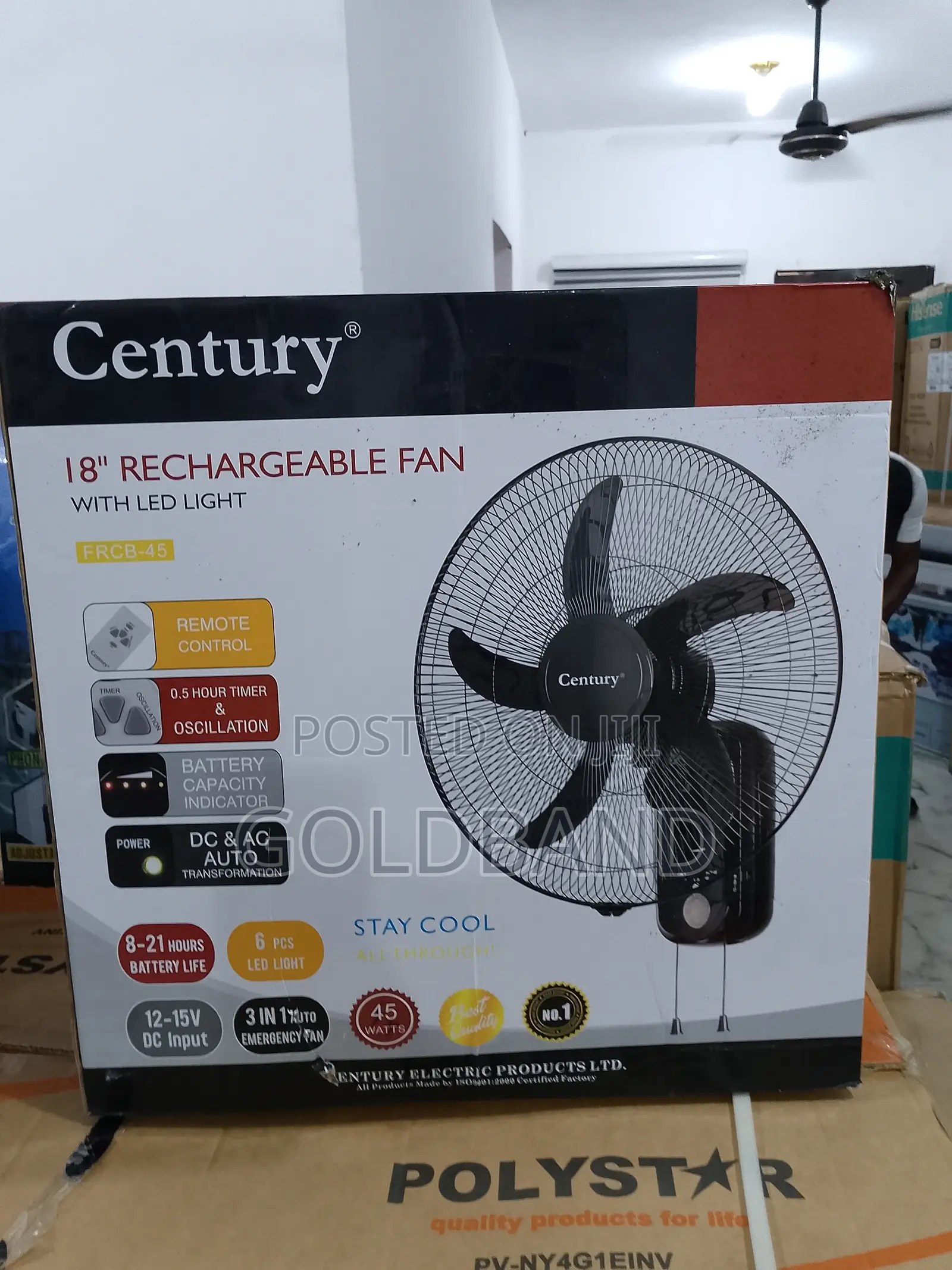 High-Tech Cooling Century 18" Rechargeable Wall Fan With Led