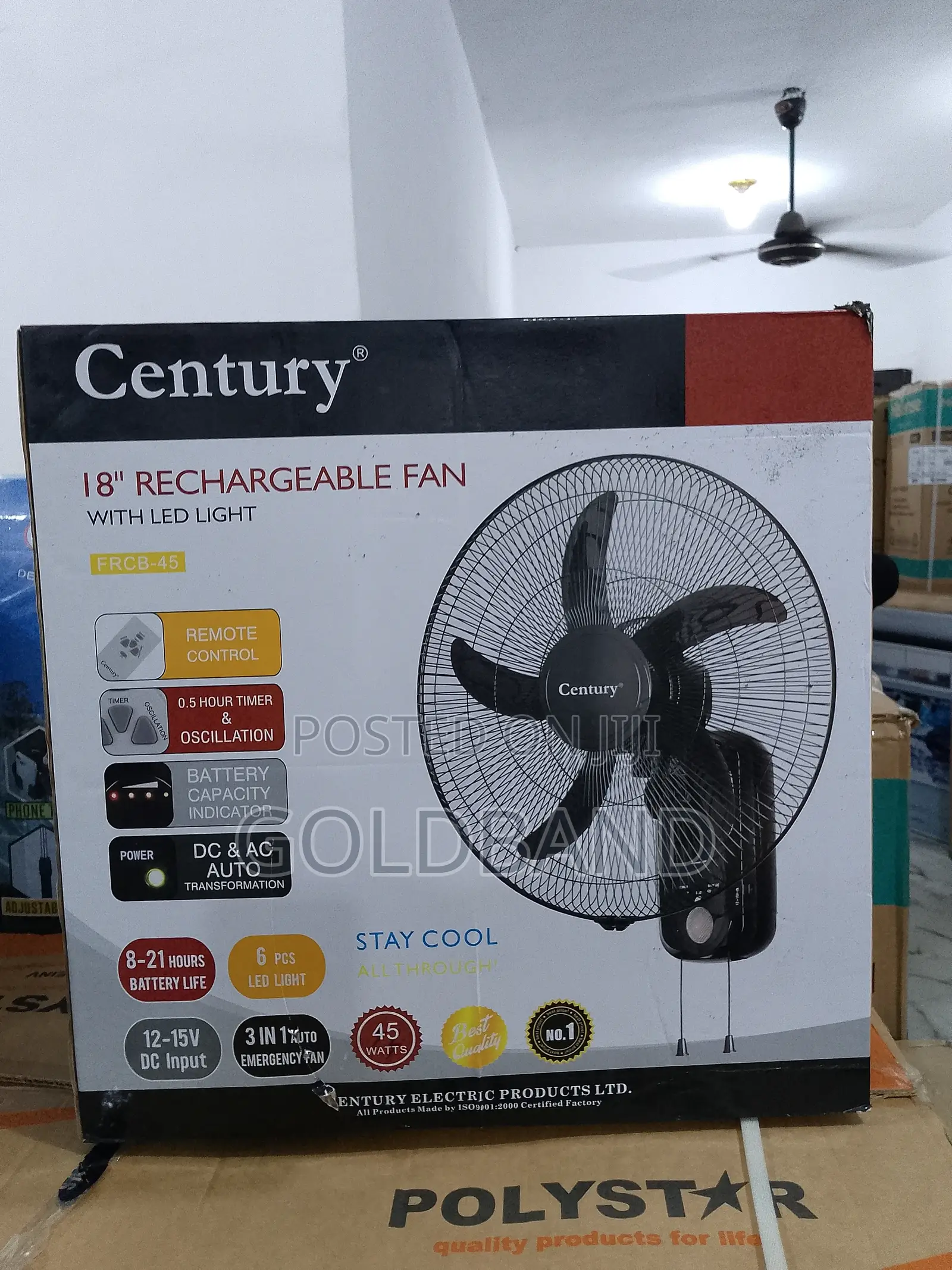 High-Tech Cooling Century 18" Rechargeable Wall Fan With Led