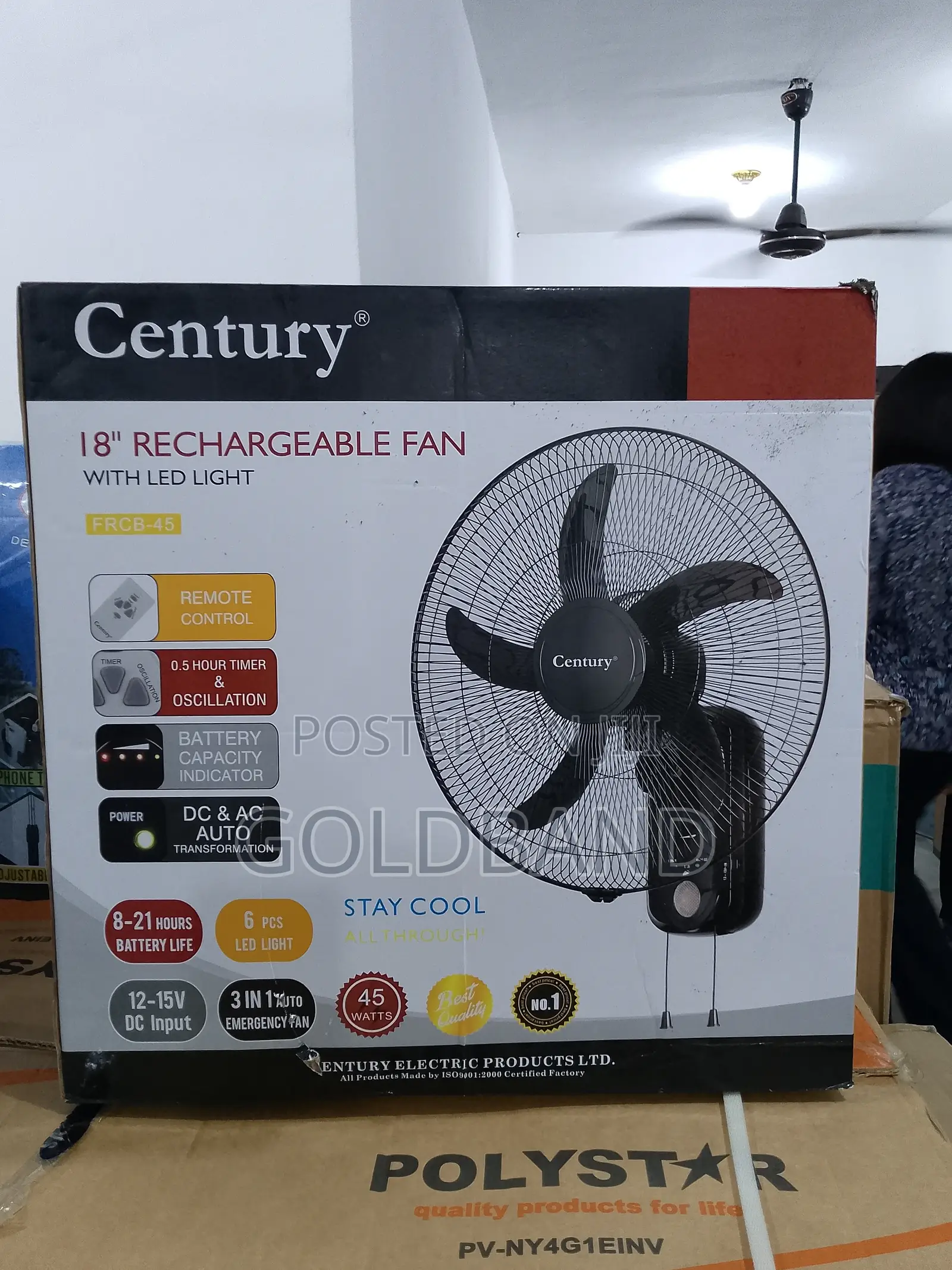 Century 18-Inch Rechargeable Wall Fan With Led Light