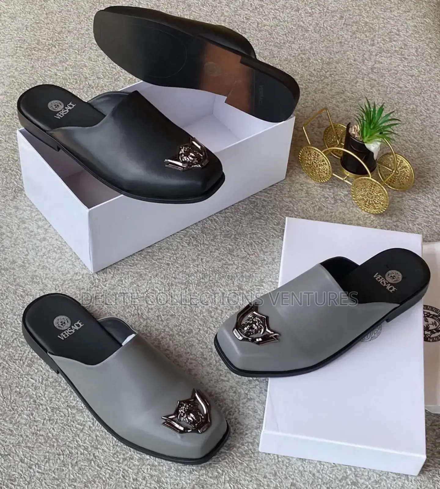 *Luxury "Versace" Leather Half Shoe Silver Medusa Head  ||