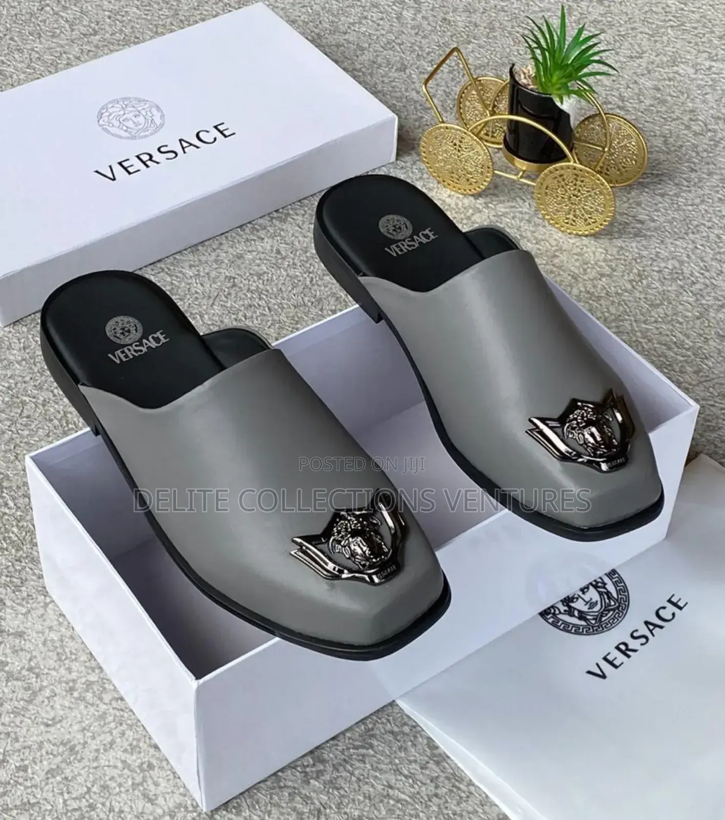 *Luxury "Versace" Leather Half Shoe Silver Medusa Head  ||
