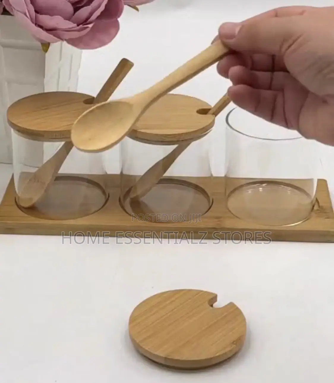 3 Pieces Glass Condiment Jar Set With Bamboo Lids - Salt Sugar Jar