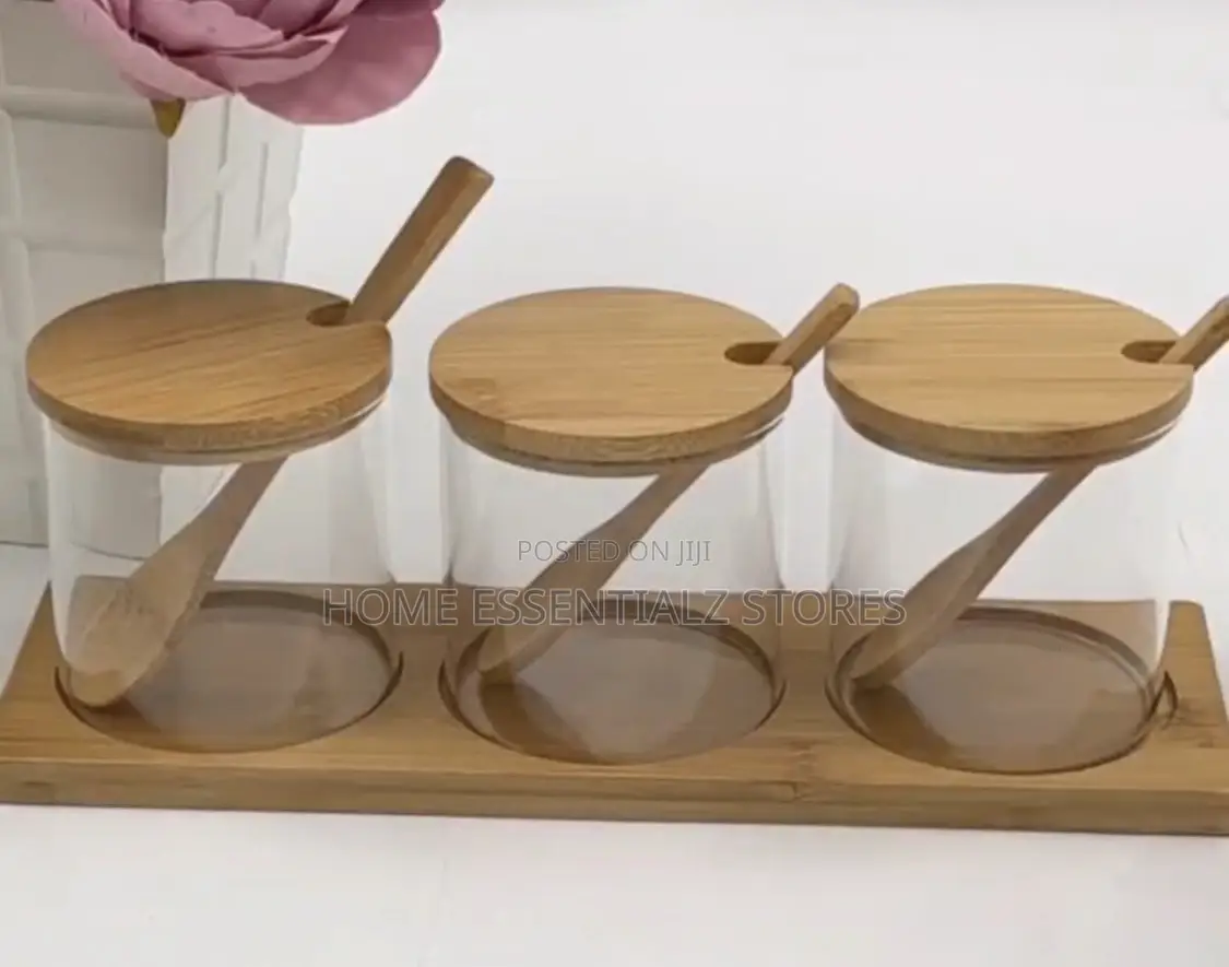 3 Pieces Glass Condiment Jar Set With Bamboo Lids - Salt Sugar Jar