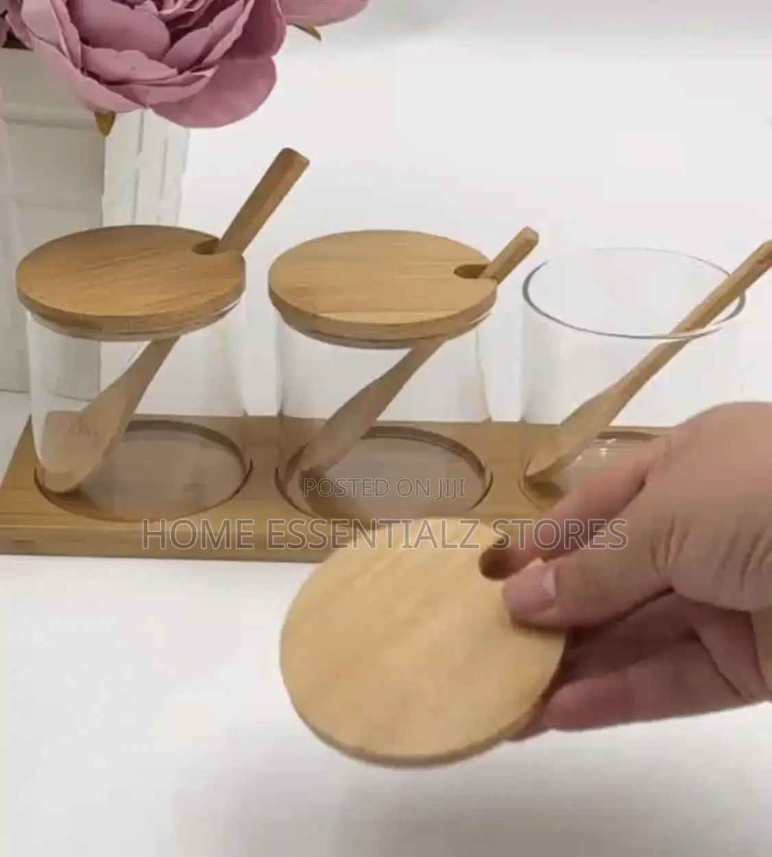 3 Pieces Glass Condiment Jar Set With Bamboo Lids - Salt Sugar Jar