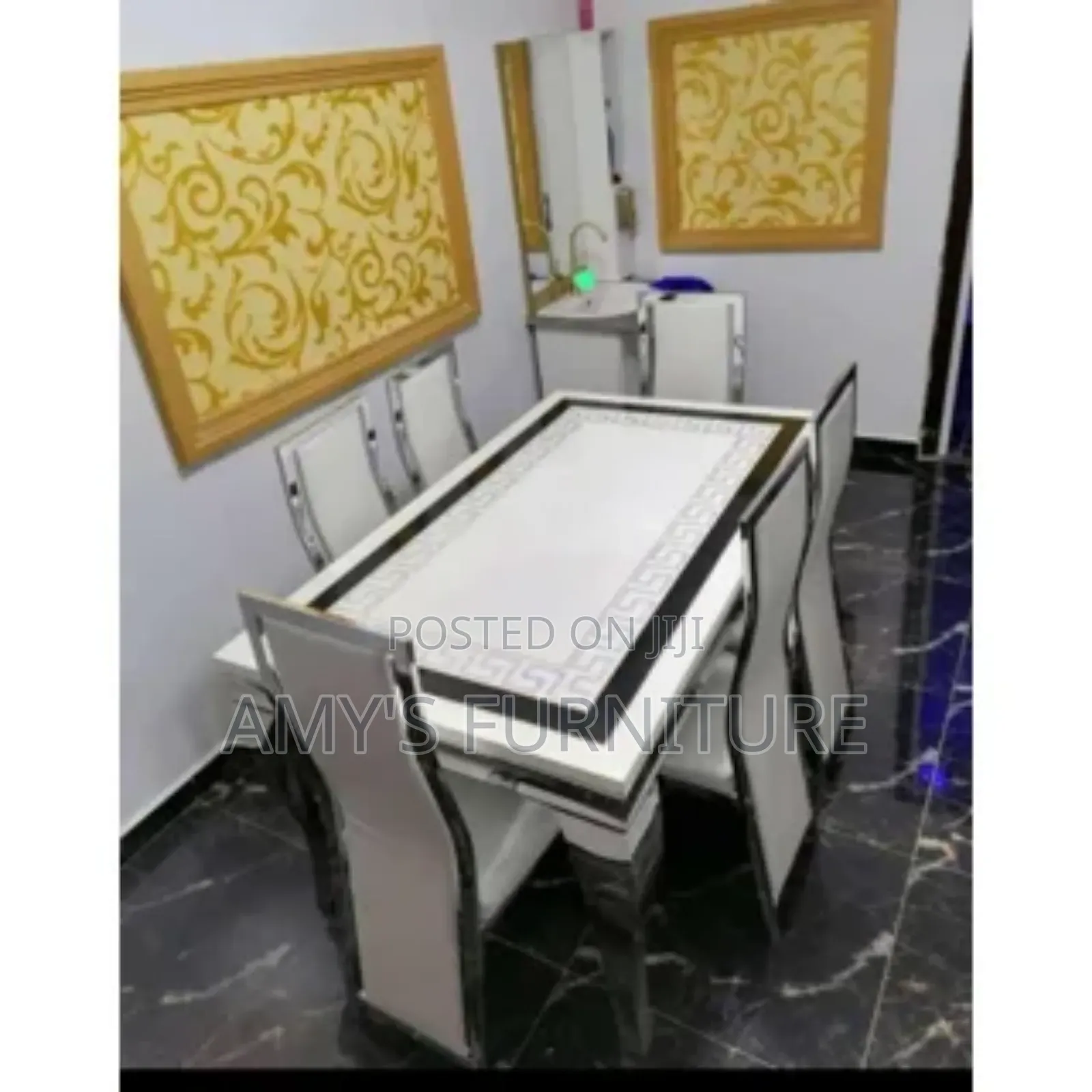 White Black Patterned Marble Dinning Table With Six Chairs