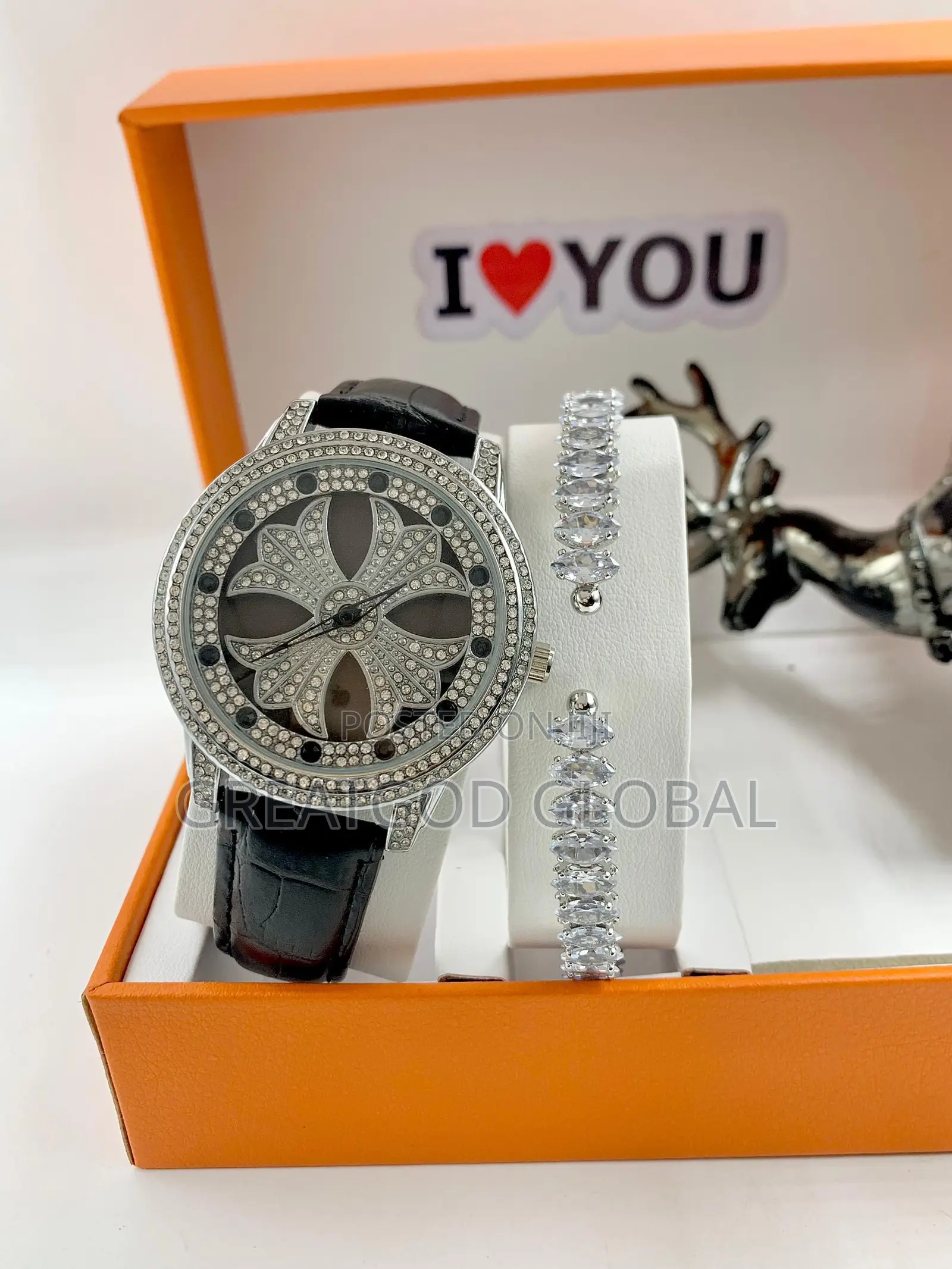 Ladies Spinning Stone Leather Watch+Bracelet+Box