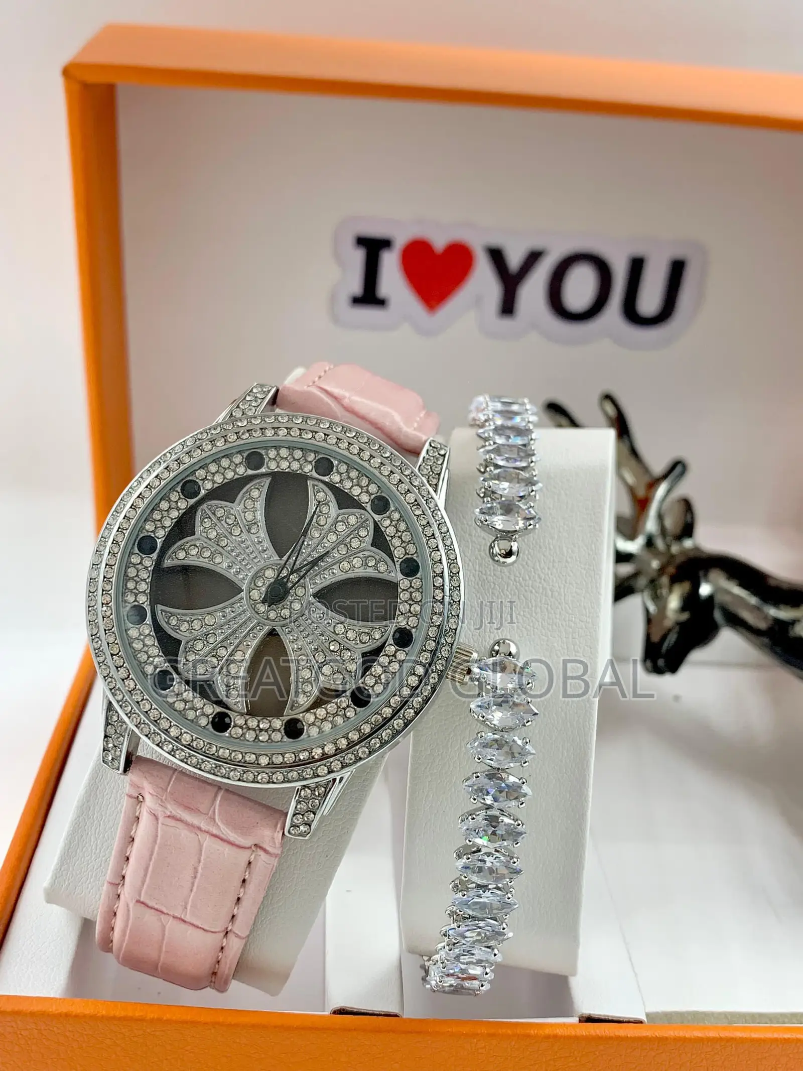 Ladies Spinning Stone Leather Watch+Bracelet+Box