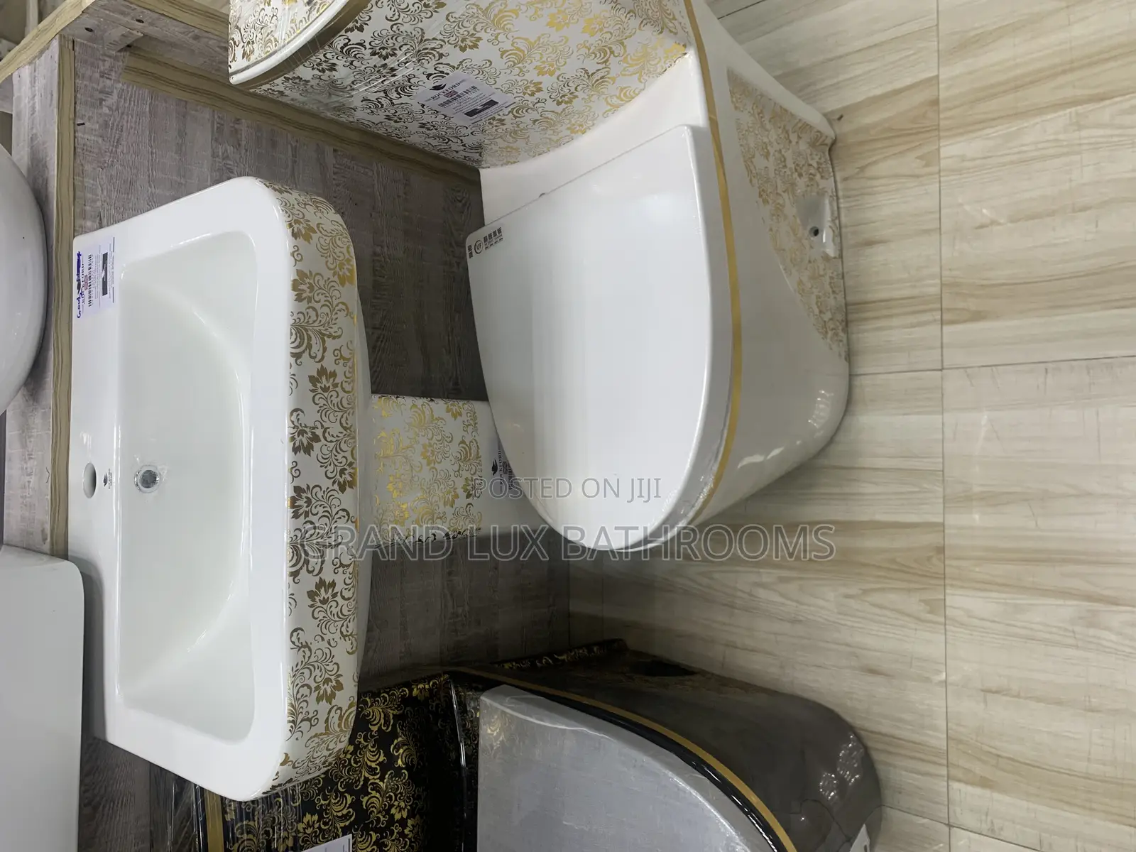 **Luxurious Gold Floral Ceramic Toilet and Sink Set**