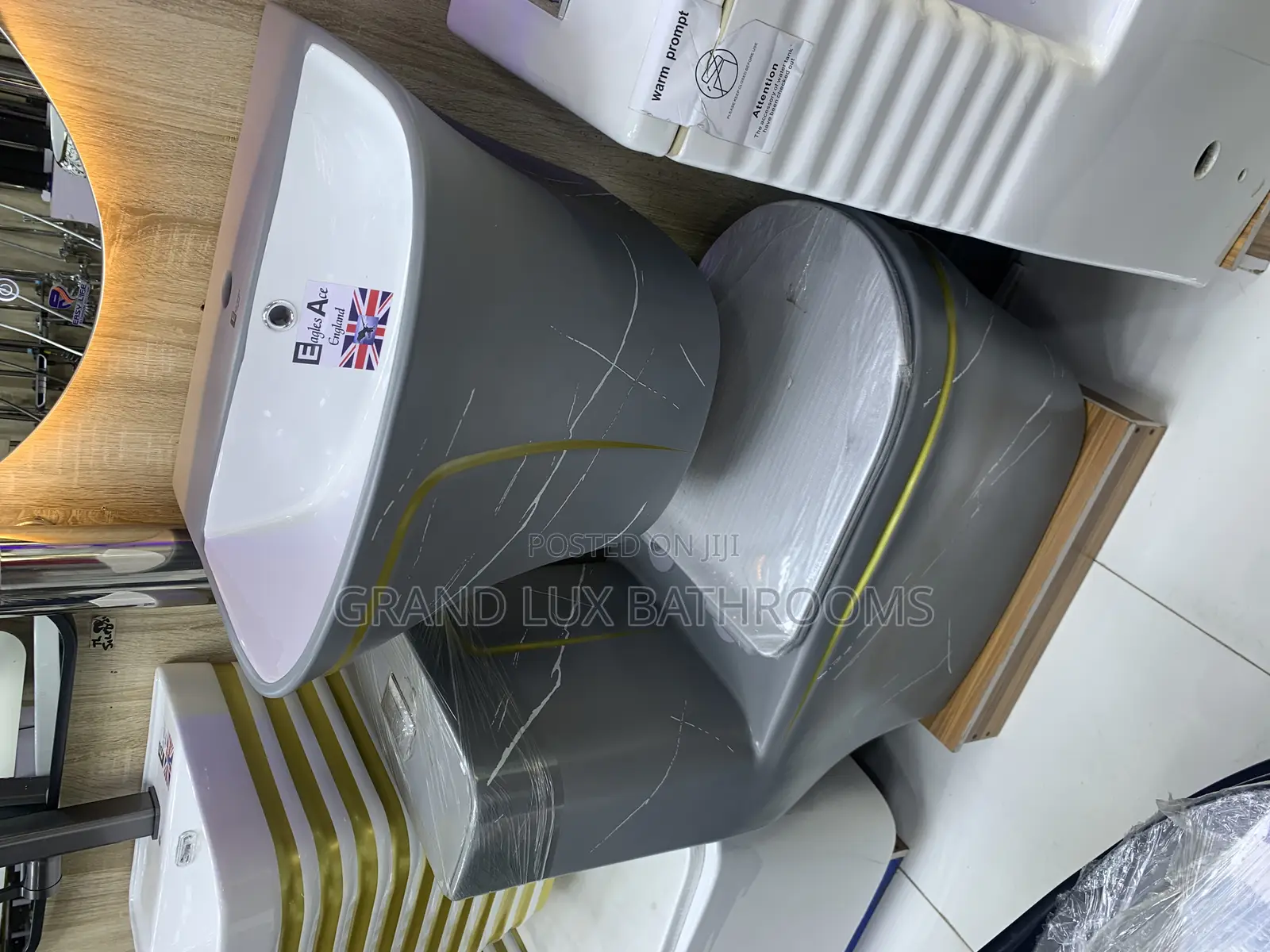 Grey Marble-Effect Toilet and Sink Set With Yellow Accent