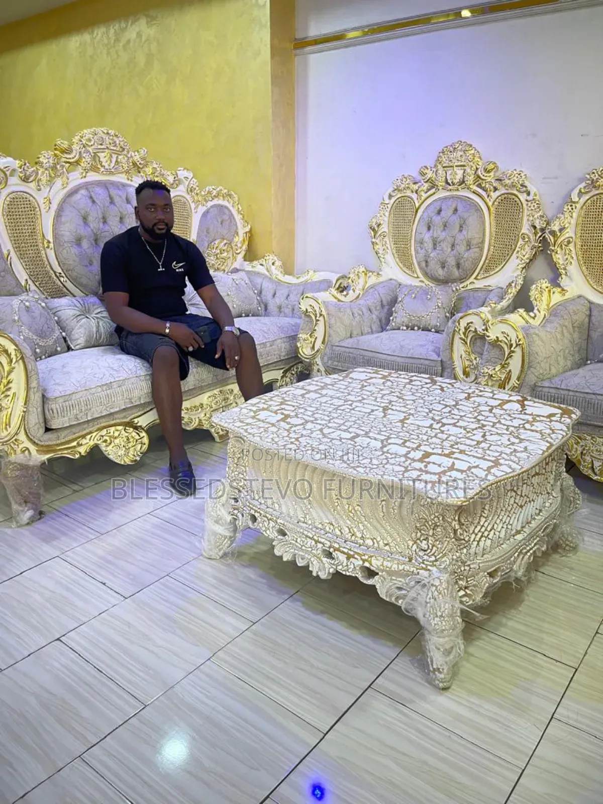 Royal Gold Sofa Chairs by 7 With Center Table
