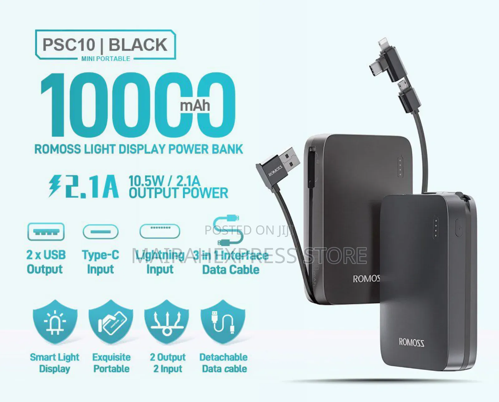 Romoss 10,000mah Powerbank With Inbuilt Cables