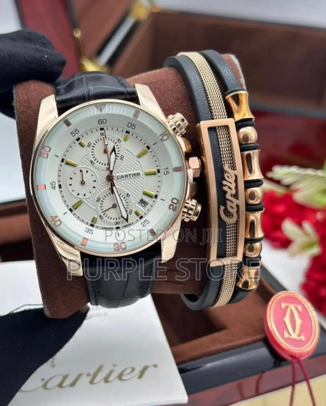Cartier Chronograph Watch  and  Bracelet  Set Black