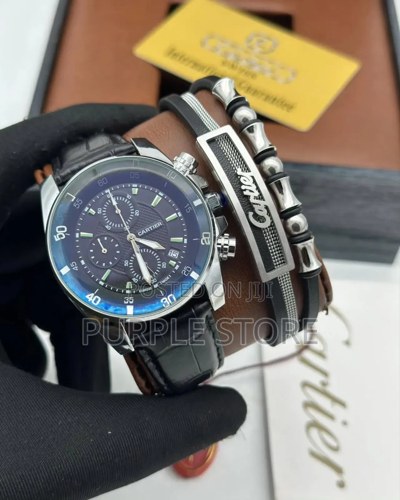 Cartier Chronograph Watch  and  Bracelet  Set Black