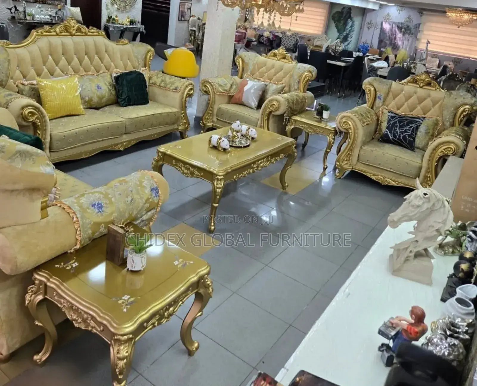 Set of Royal Fabric Sofa With Center Table and Stools
