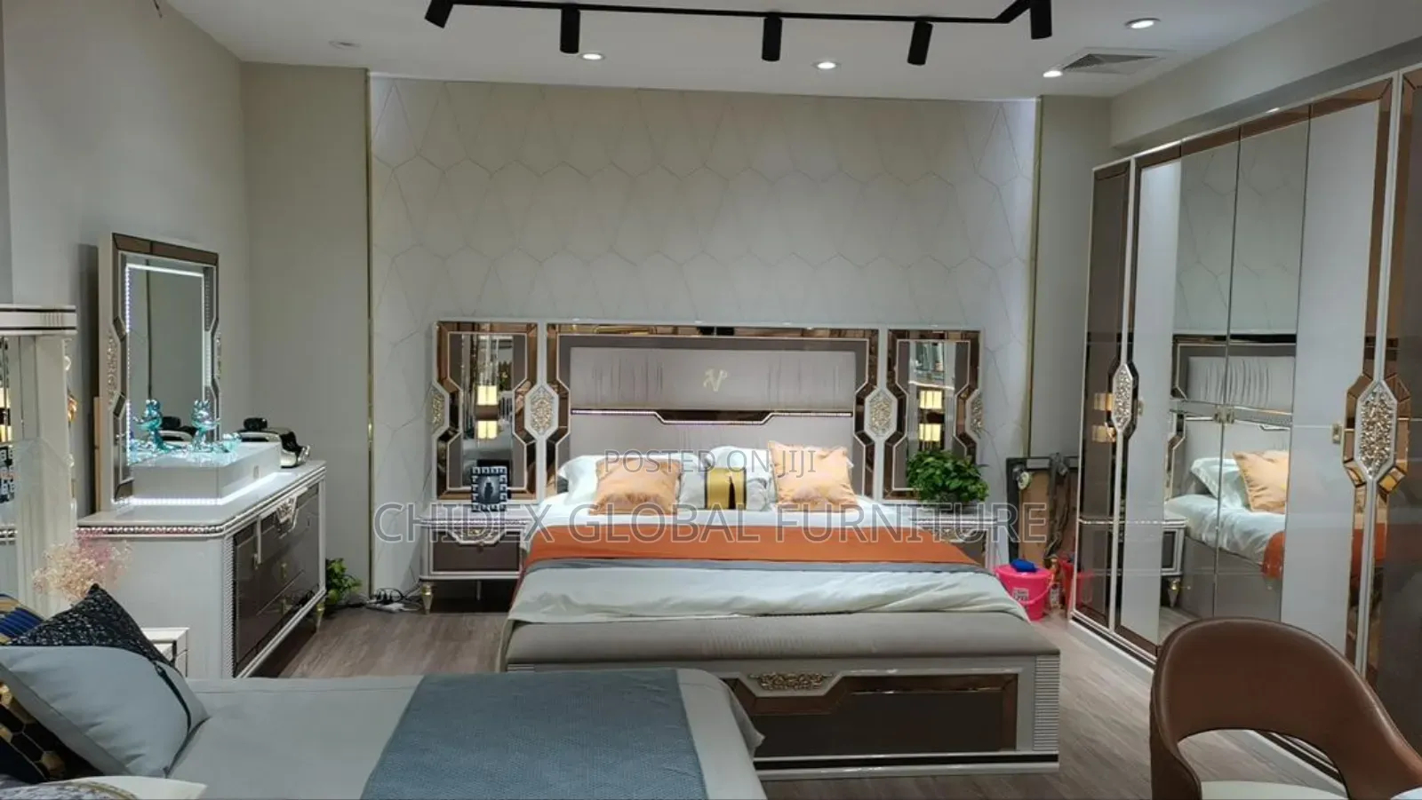 Contemporary Set of Bed With,Mattress,Dresser,Two Side Drawers Stoo