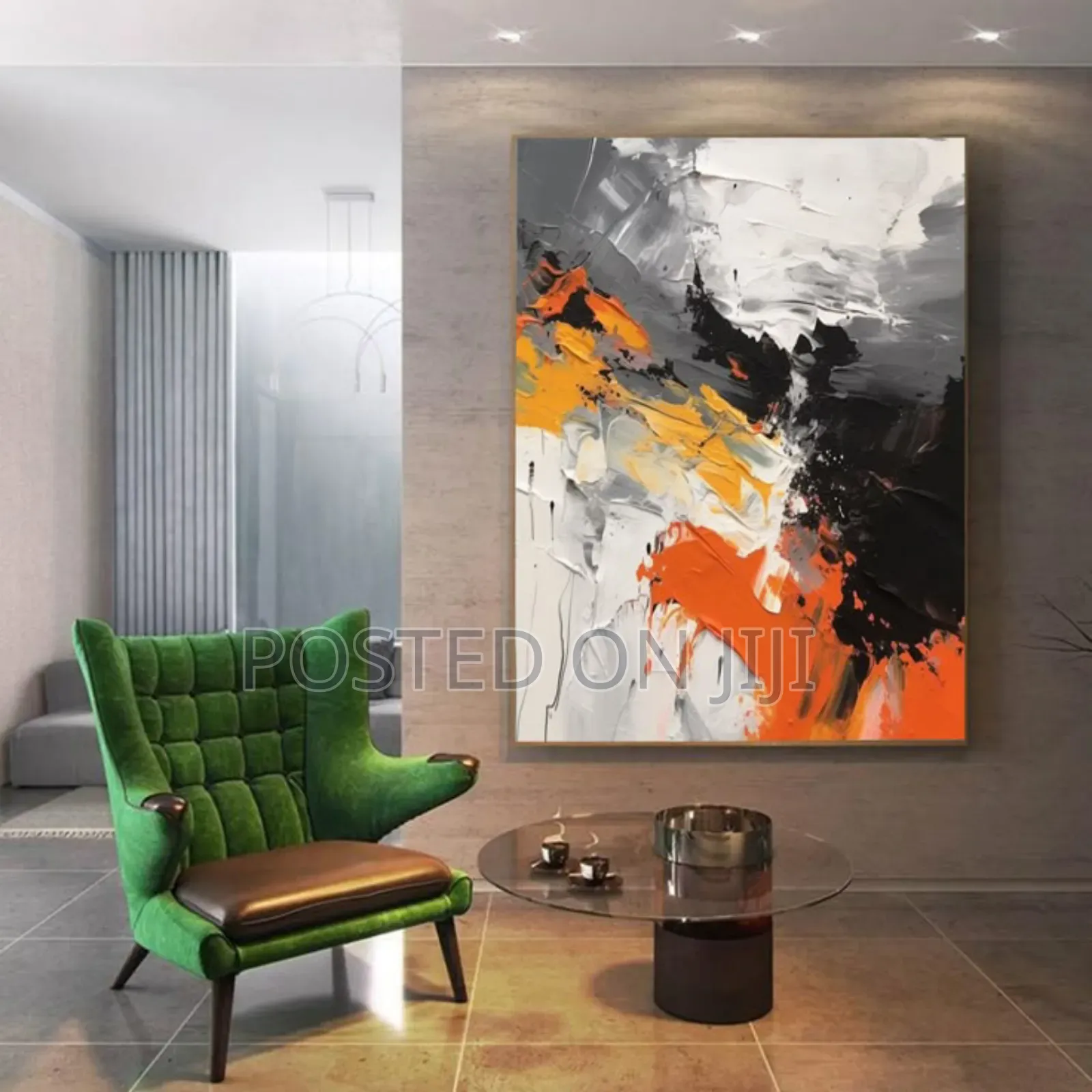 Orange, Yellow, Black and White Abstract Painting.