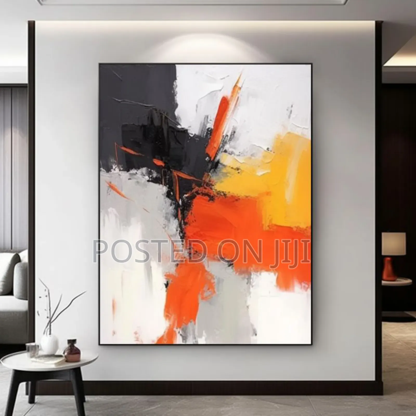 Orange, Yellow, Black and White Abstract Painting.