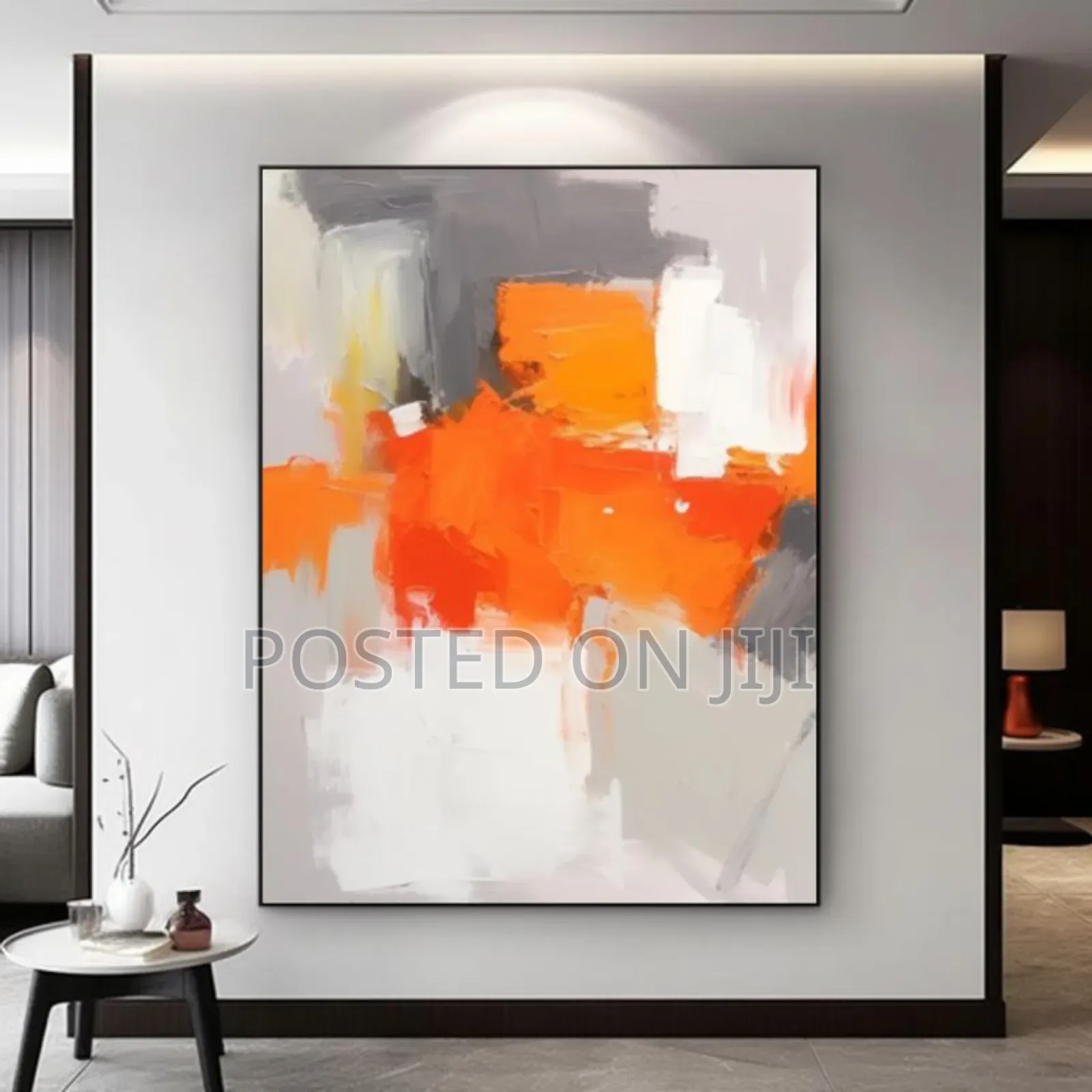 Orange, Yellow, Black and White Abstract Painting.
