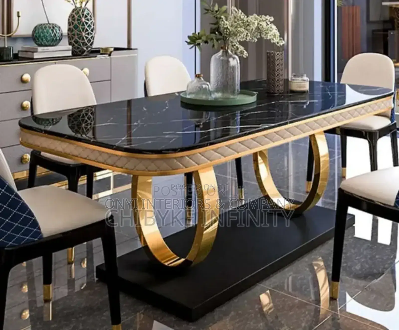 Exotic Home Marble Dining Table and 6 Quality Leather Chairs