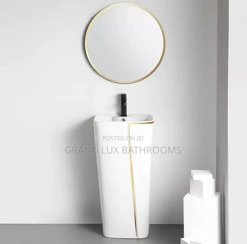 Modern Freestanding Pedestal Basin With Gold Trim Design