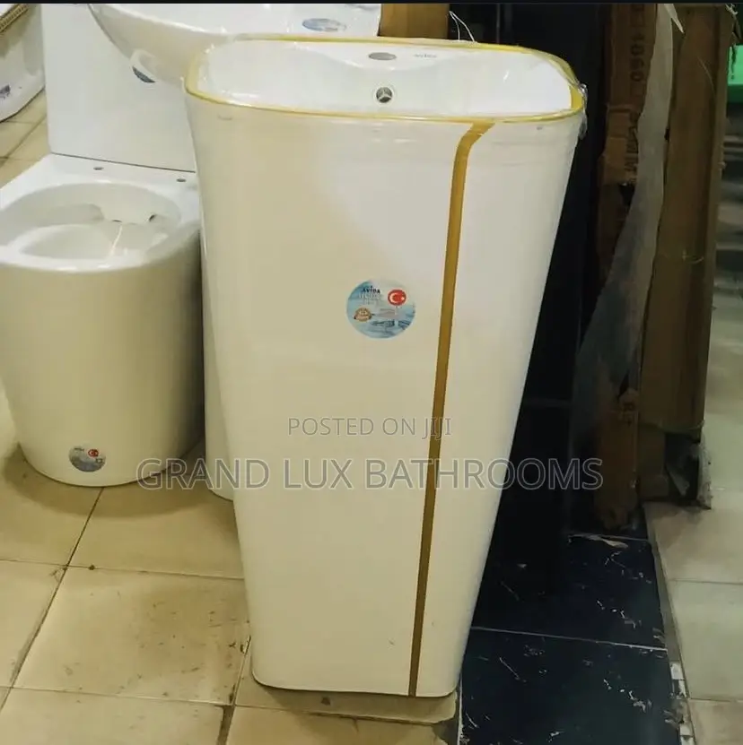 Modern Freestanding Pedestal Basin With Gold Trim Design