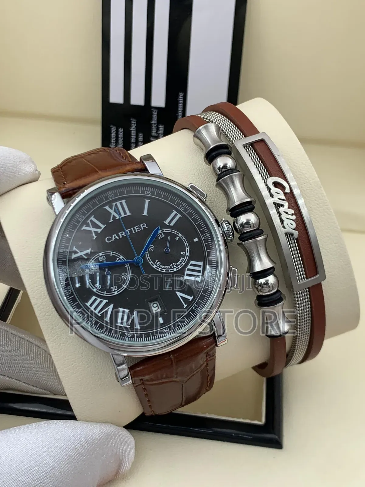 Cartier Chronograph Watch and-Bracelet - Brown-Leather
