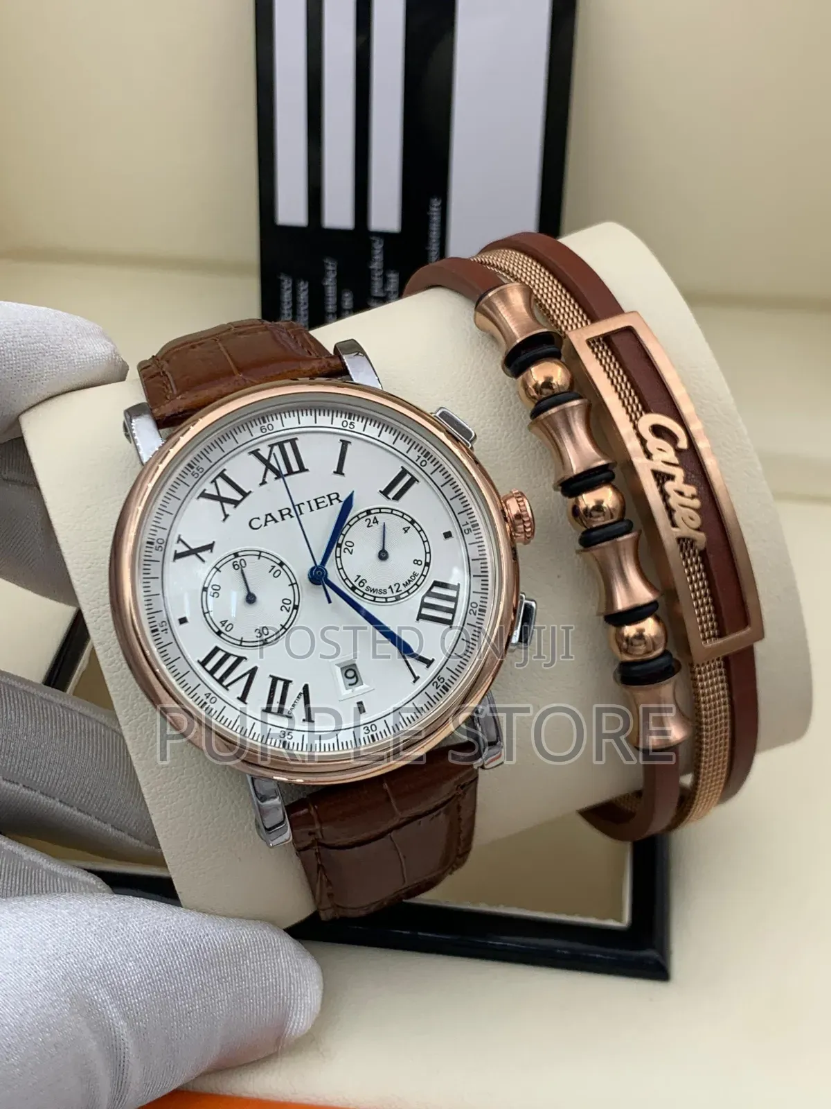 Cartier Chronograph Watch and-Bracelet - Brown-Leather