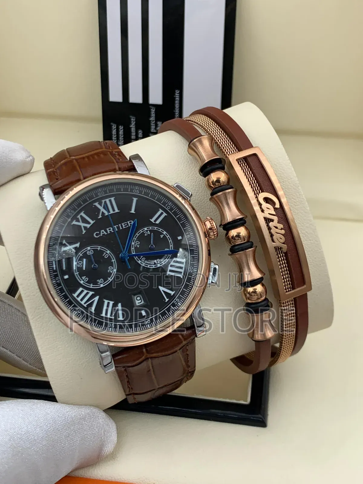 Cartier Chronograph Watch and-Bracelet - Brown-Leather