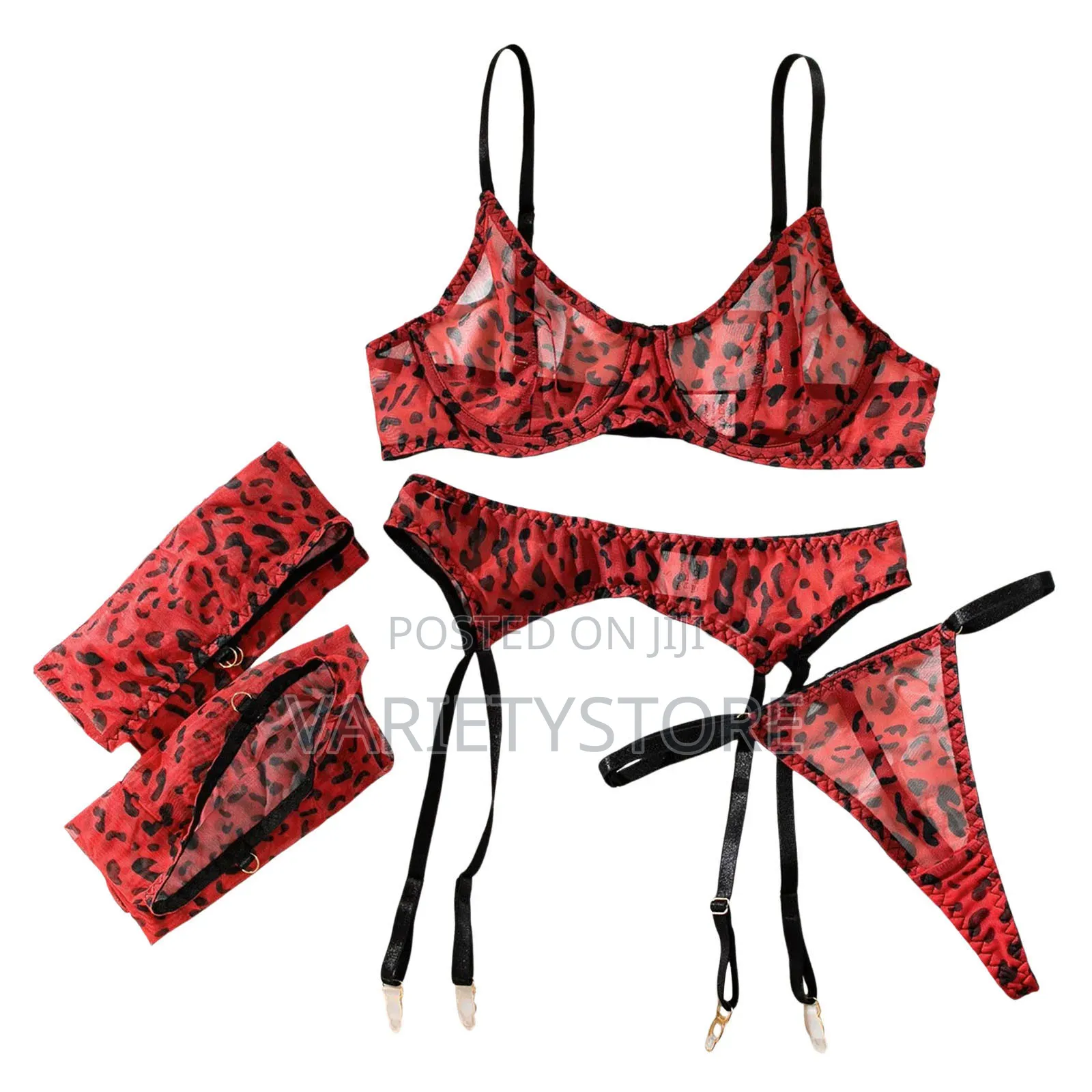 Sexy Red Leopard Print Semi Transparent Split Lingerie Set