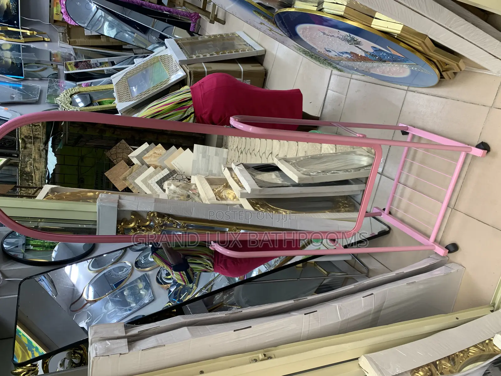 Pink Metal Framed Full-Length Standing Mirror With Bottom