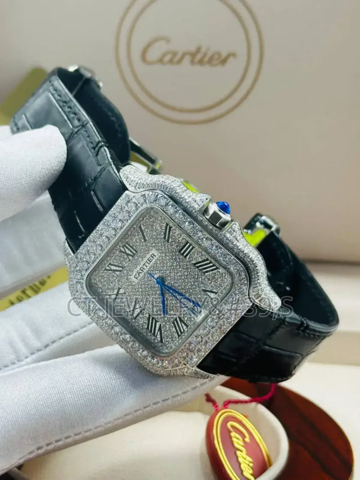 Ice Diamond Bezel Stones Cartier Santos Genuine Leather