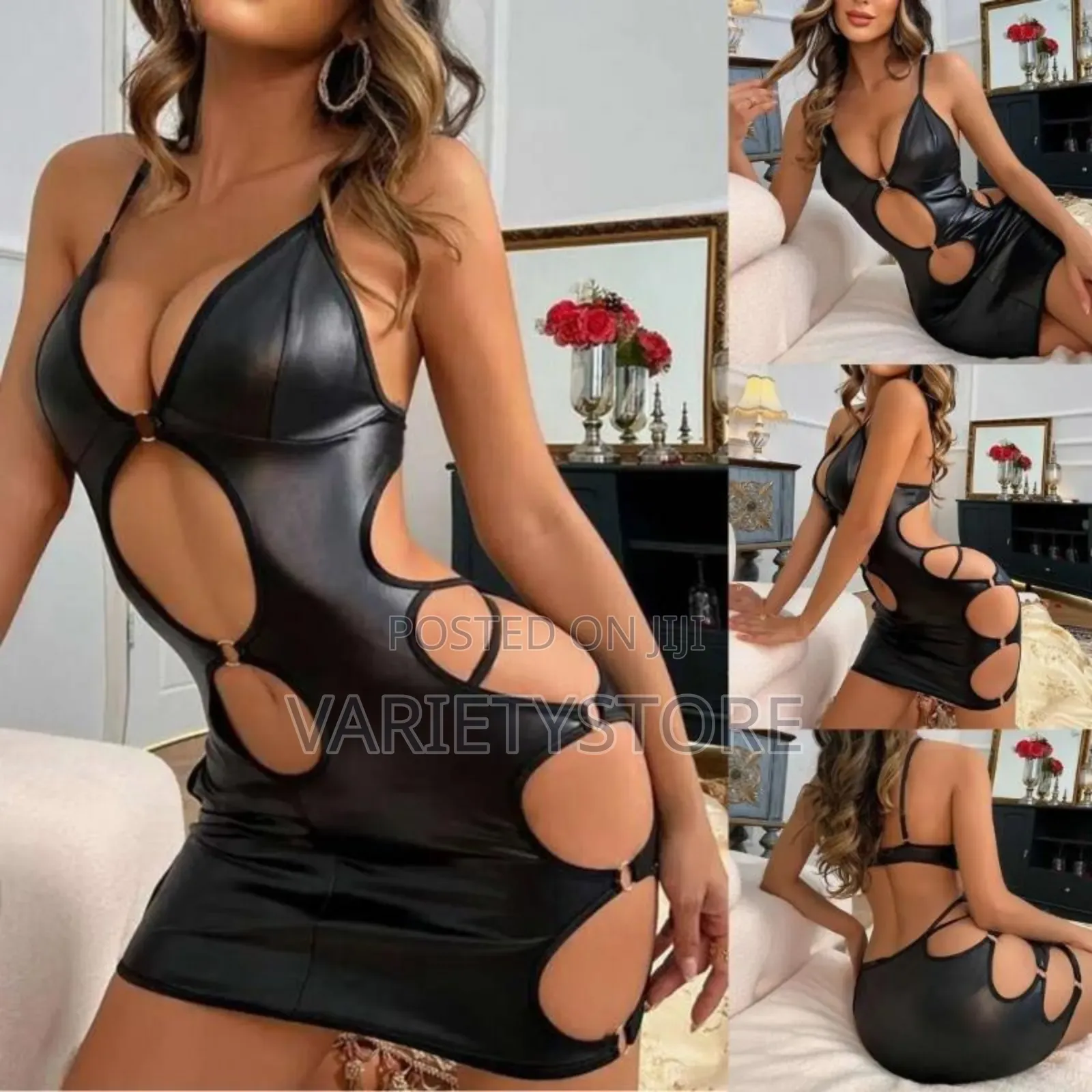 Sexy Women Patent Leather Hollow Out Plunge Suspender Dress