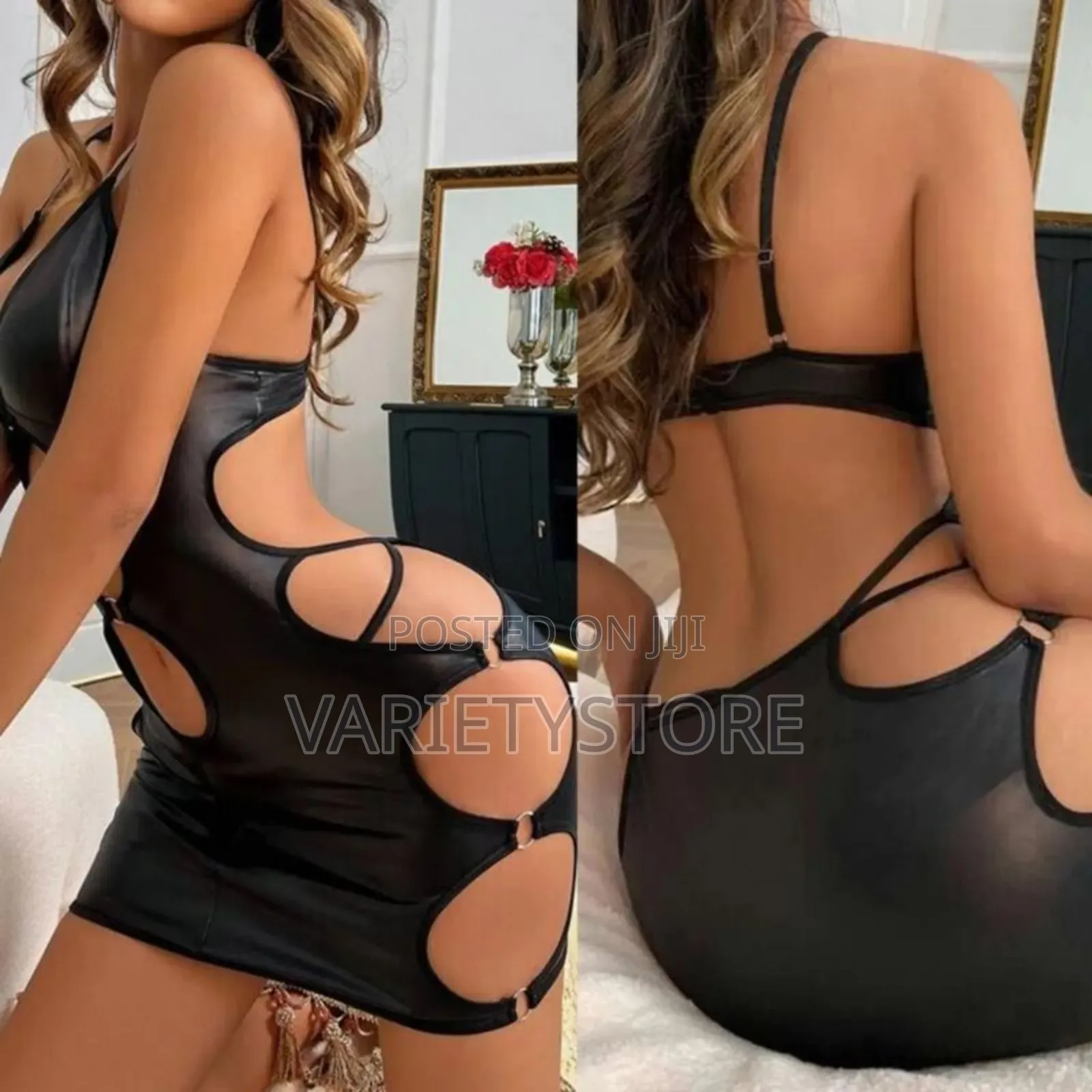 Sexy Women Patent Leather Hollow Out Plunge Suspender Dress