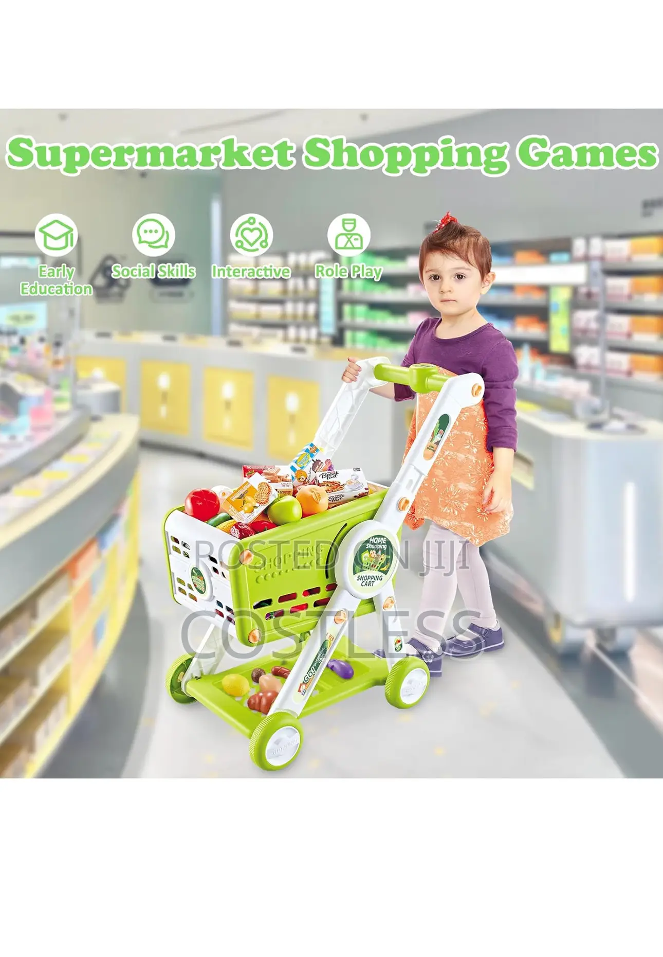 Supermarket Shopping Cart for Kids With Food Accessories