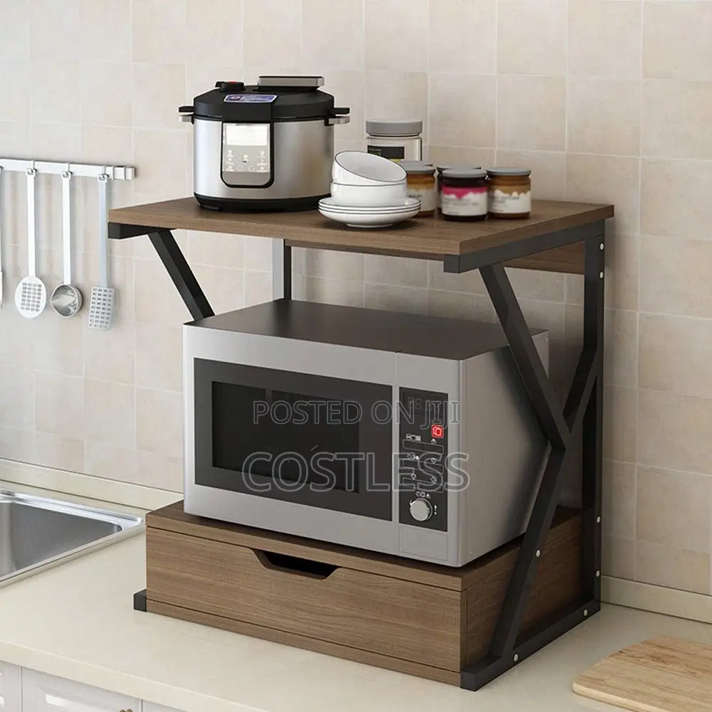 Microwave Oven Rack With Drawer Kitchen Shelves Storage