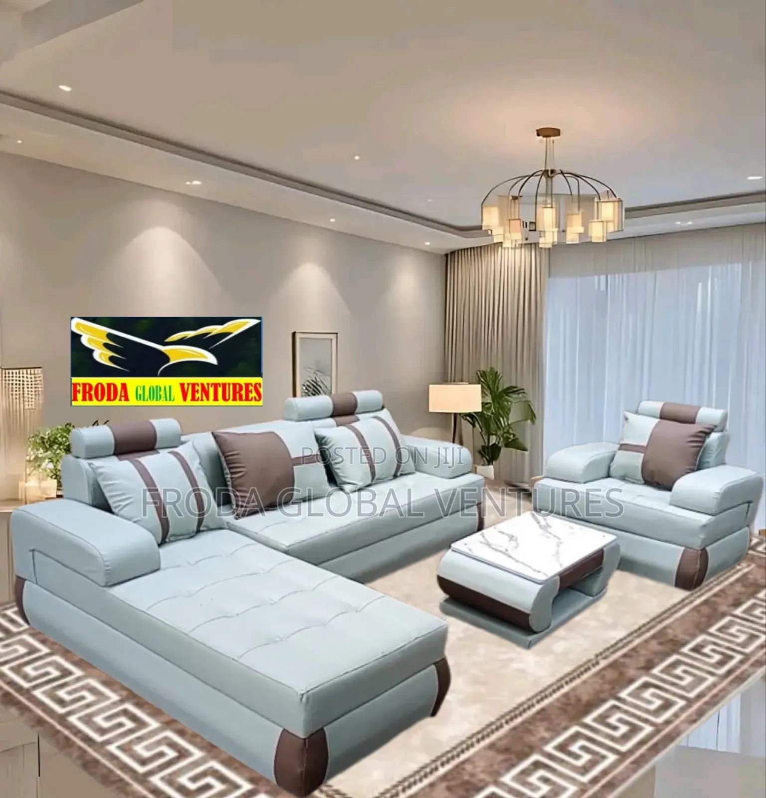 Leather Couch of L-Shape Sofa, Single Chair and Table. Jp03