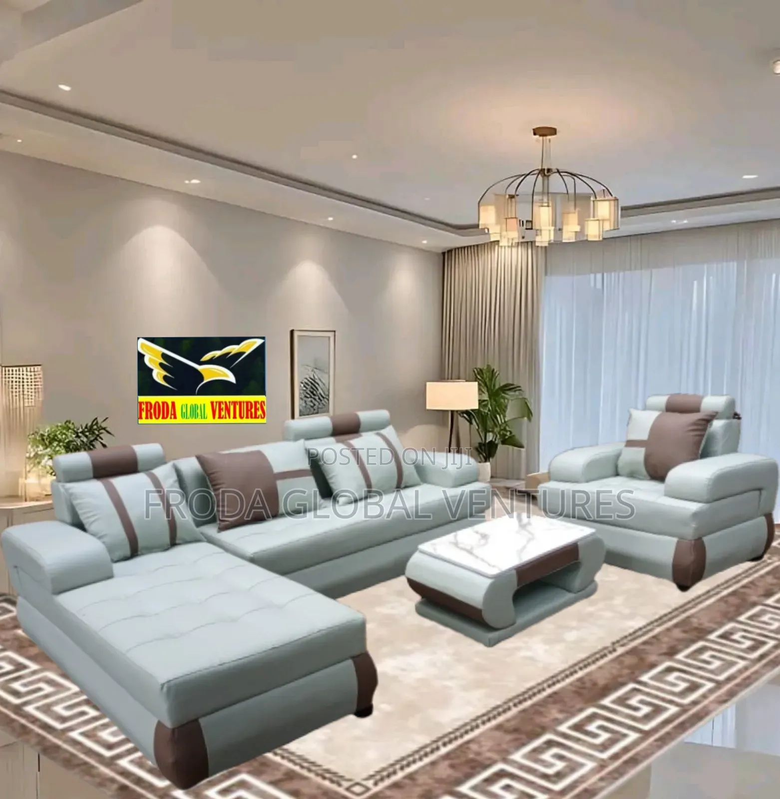 Leather Couch of L-Shape Sofa, Single Chair and Table. Jp07