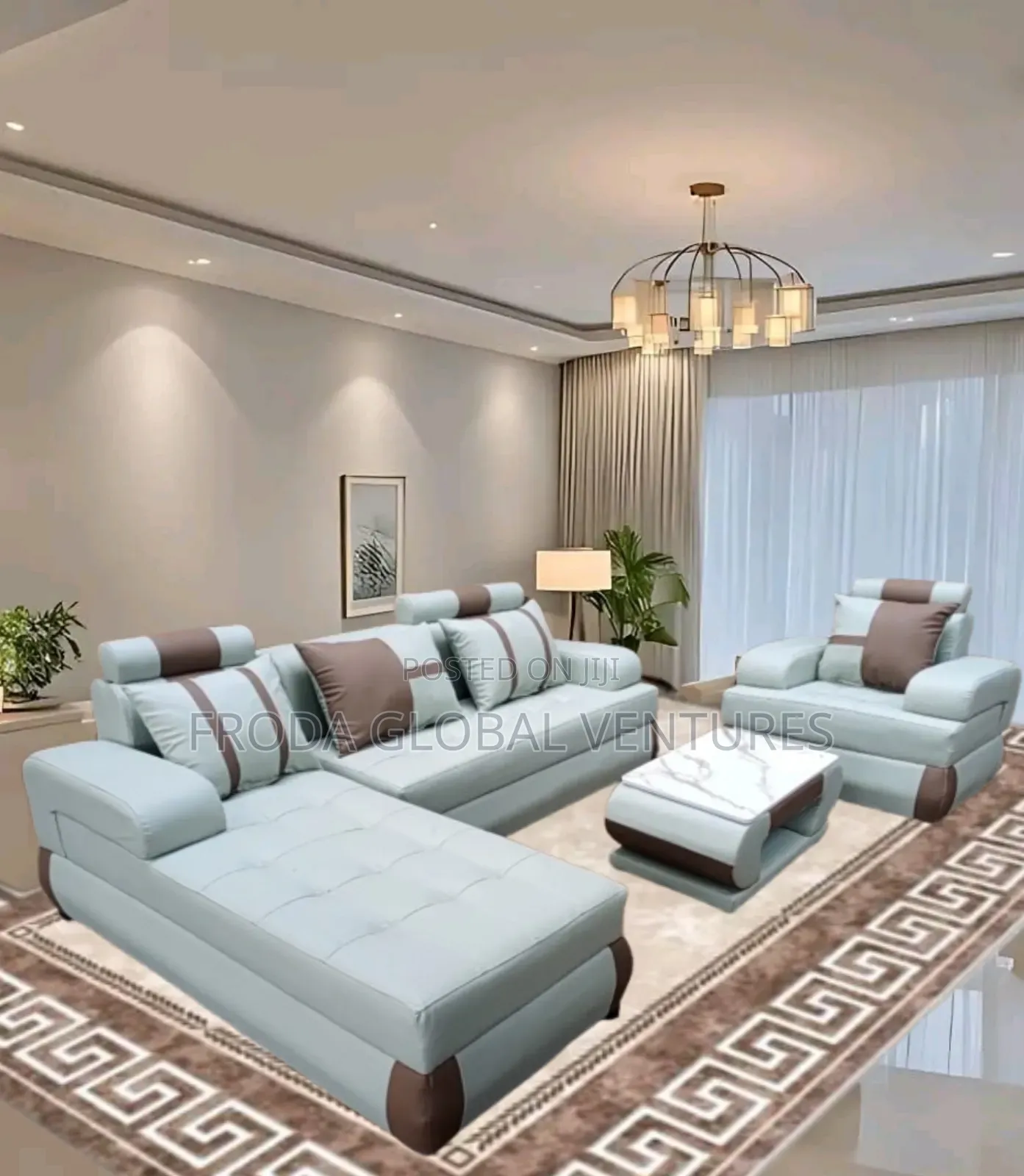 Leather Couch of L-Shape Sofa, Single Chair and Table. Jp10