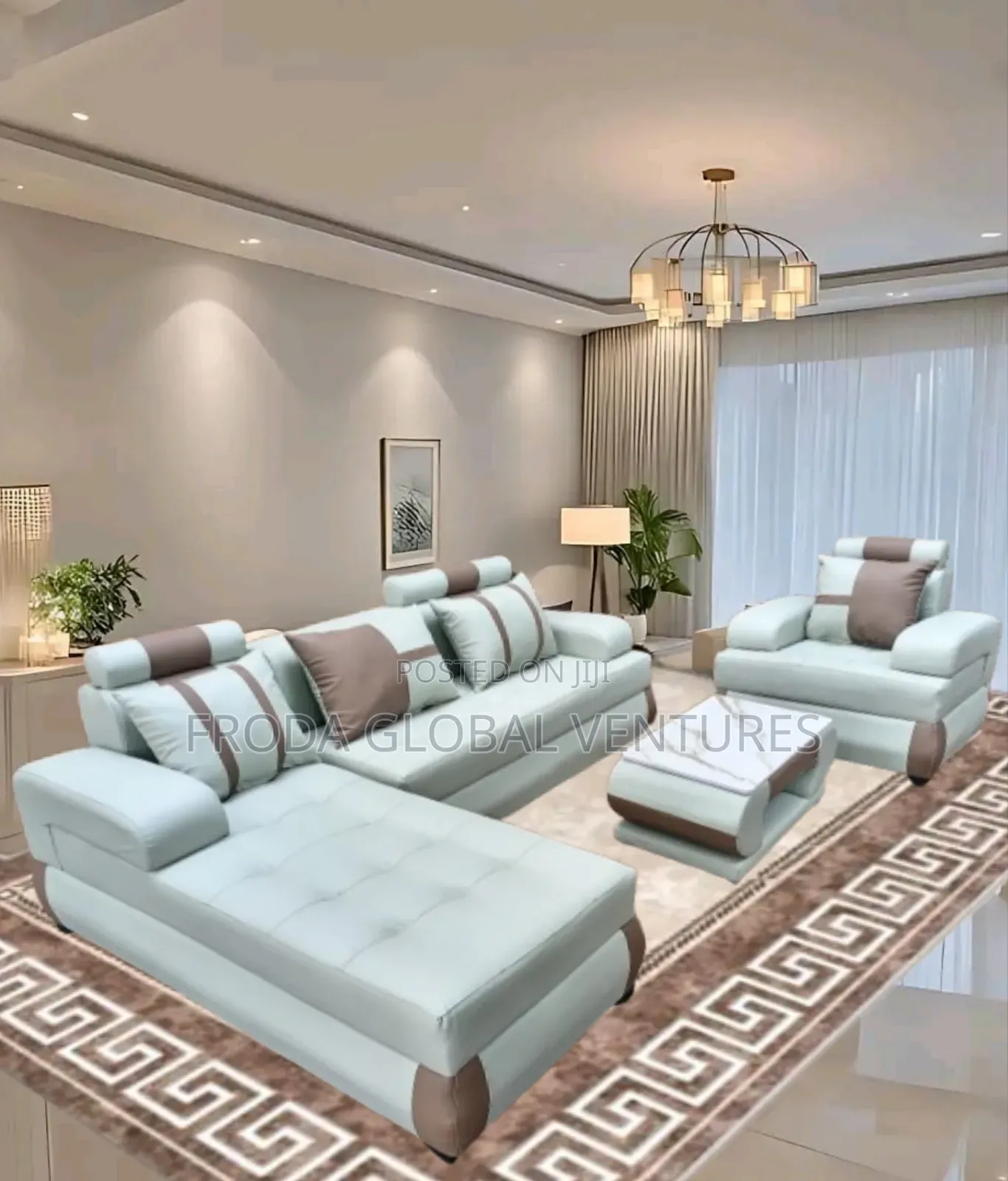 Leather Couch of L-Shape Sofa, Single Chair and Table. Jp14