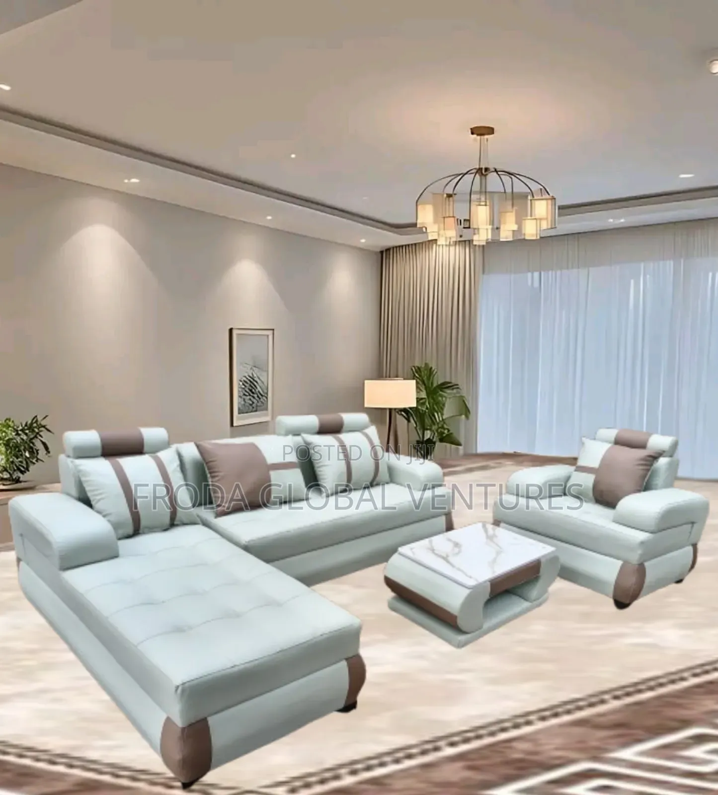 Leather Couch of L-Shape Sofa, Single Chair and Table. Jp15