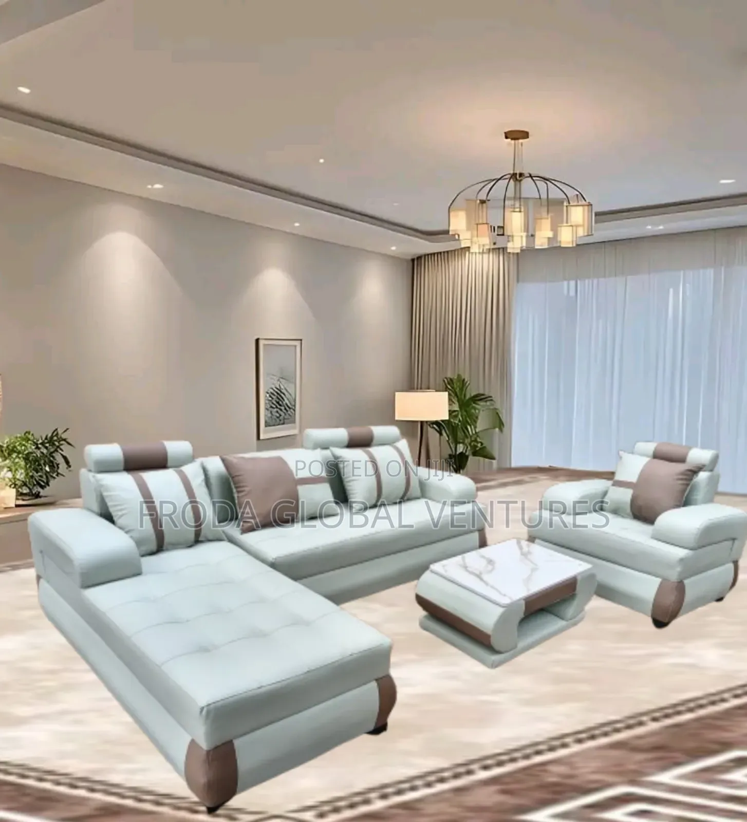 Leather Couch of L-Shape Sofa, Single Chair and Table. Jp16