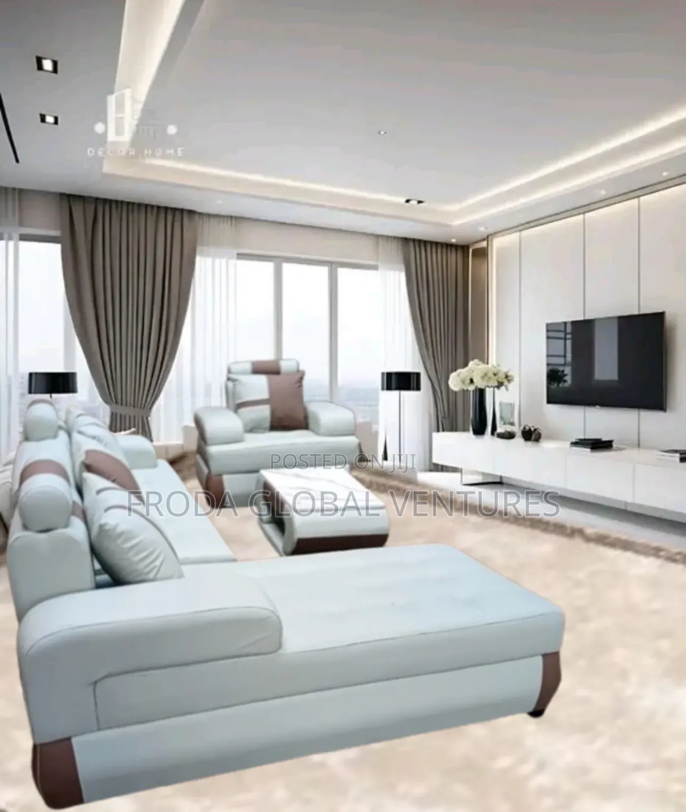 Leather Couch of L-Shape Sofa, Single Chair and Table. Jp19