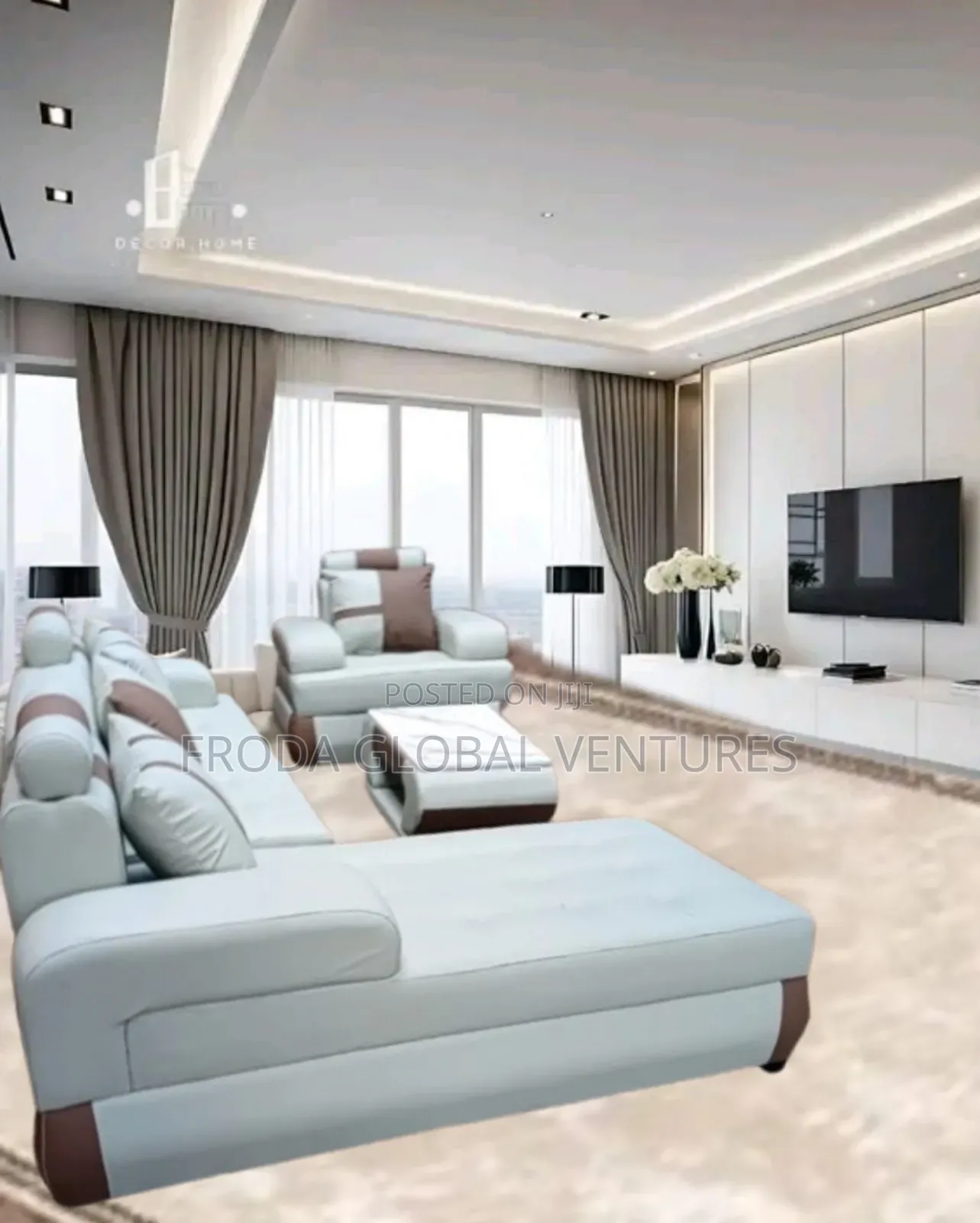 Leather Couch of L-Shape Sofa, Single Chair and Table. Jp20
