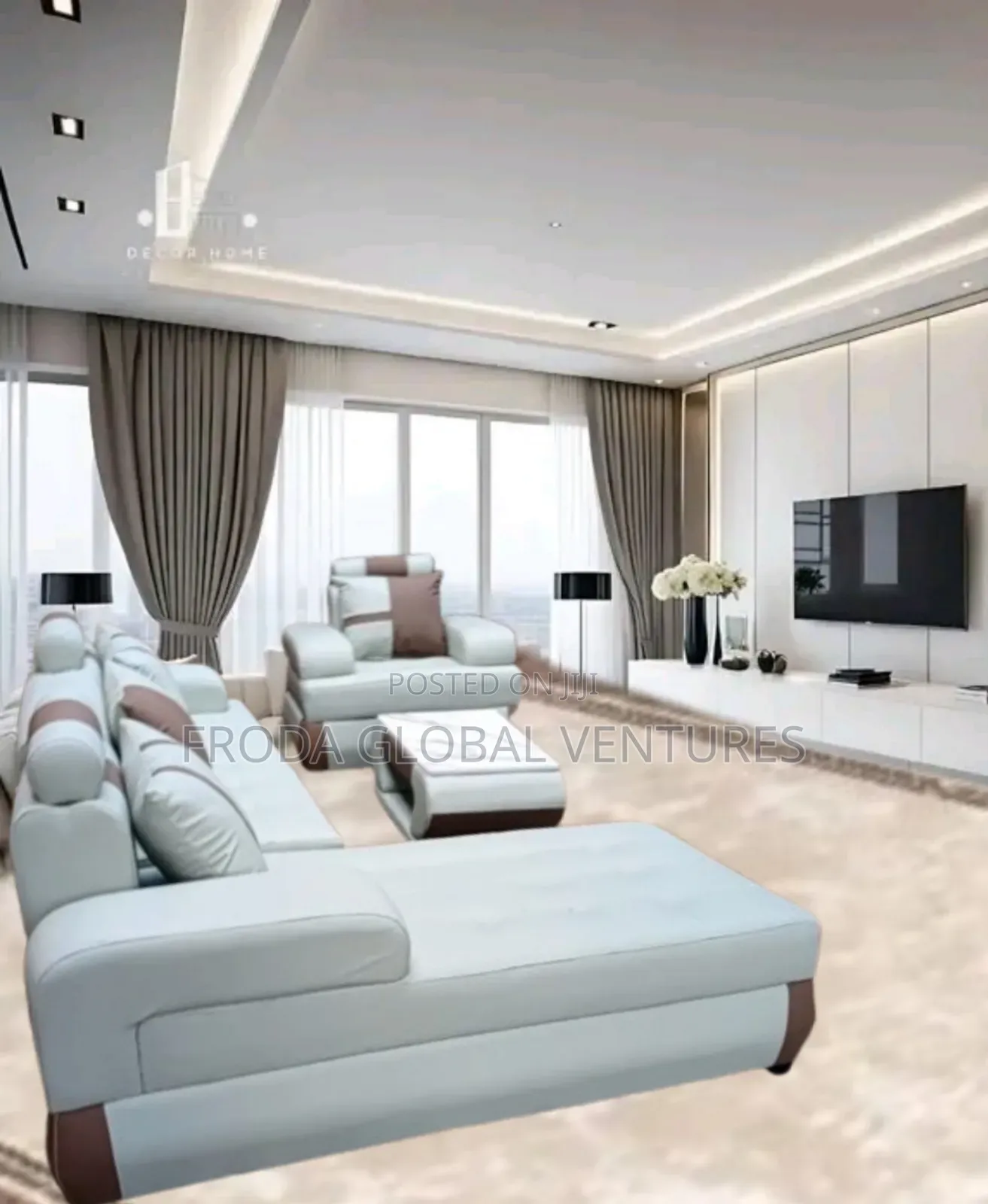Leather Couch of L-Shape Sofa, Single Chair and Table. Jp21