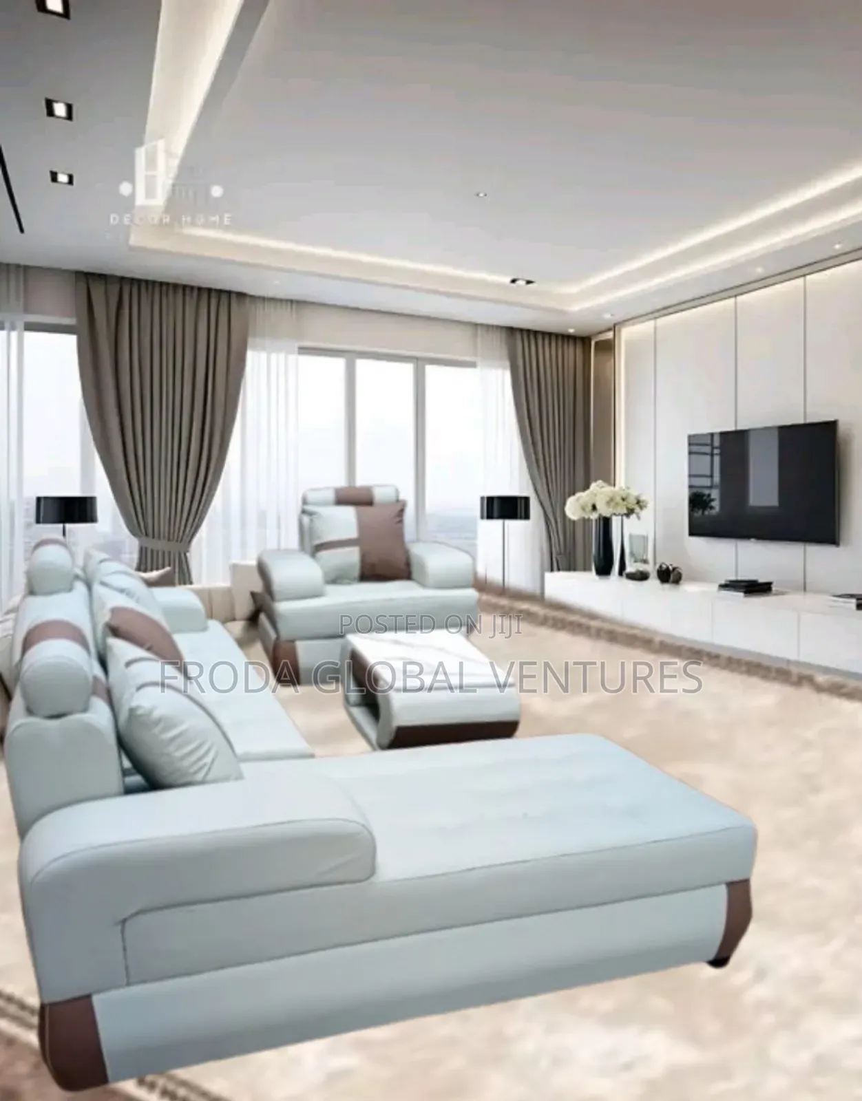 Leather Couch of L-Shape Sofa, Single Chair and Table. Jp22